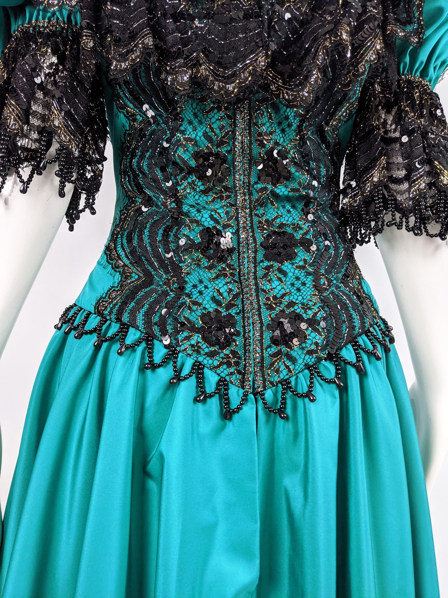 Vintage Taffeta & Black Lace Victorian Style Evening Dress, 1980s