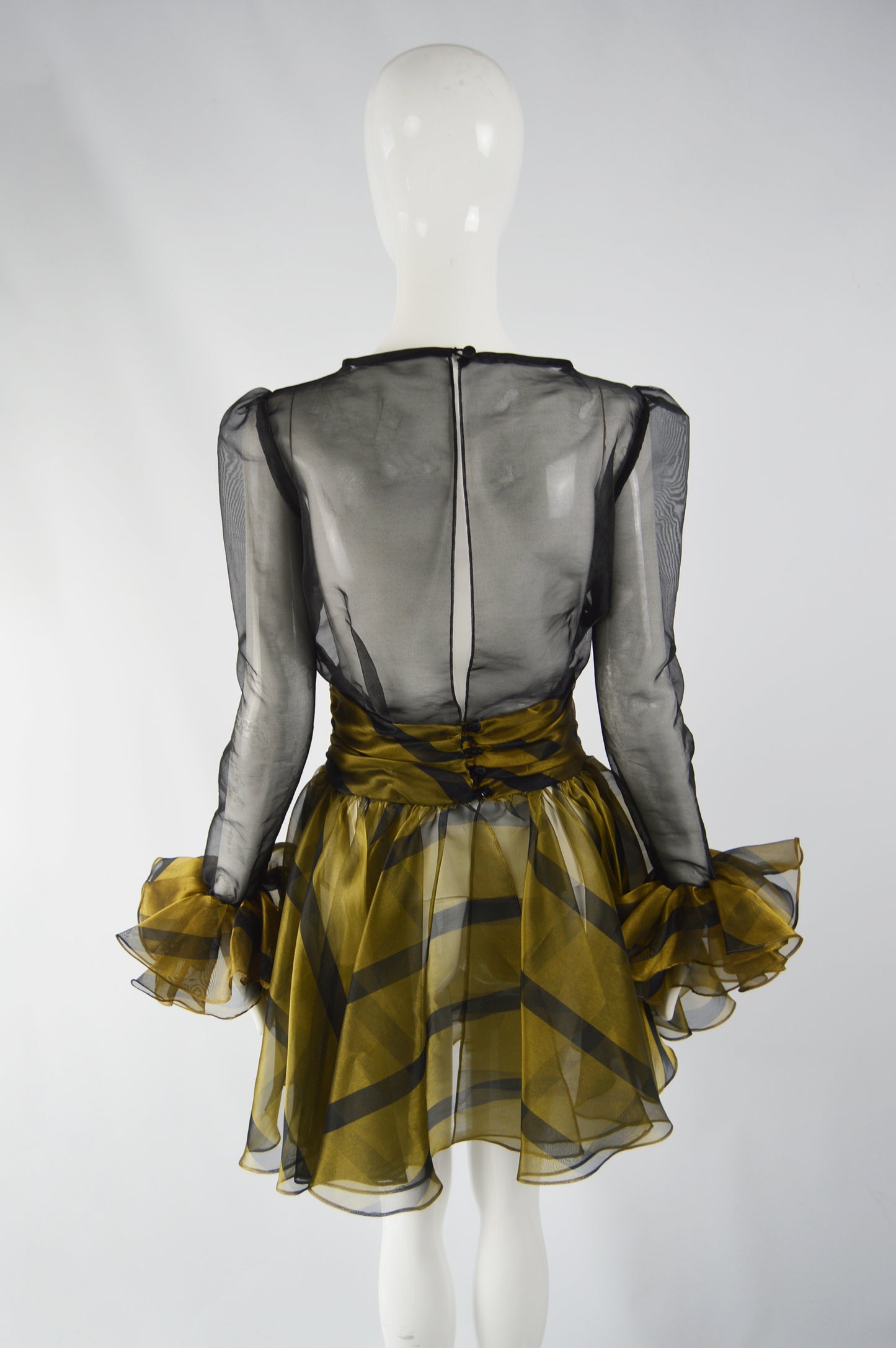 Vintage Sheer Gold & Black Ruffled Party Dress, 1980s