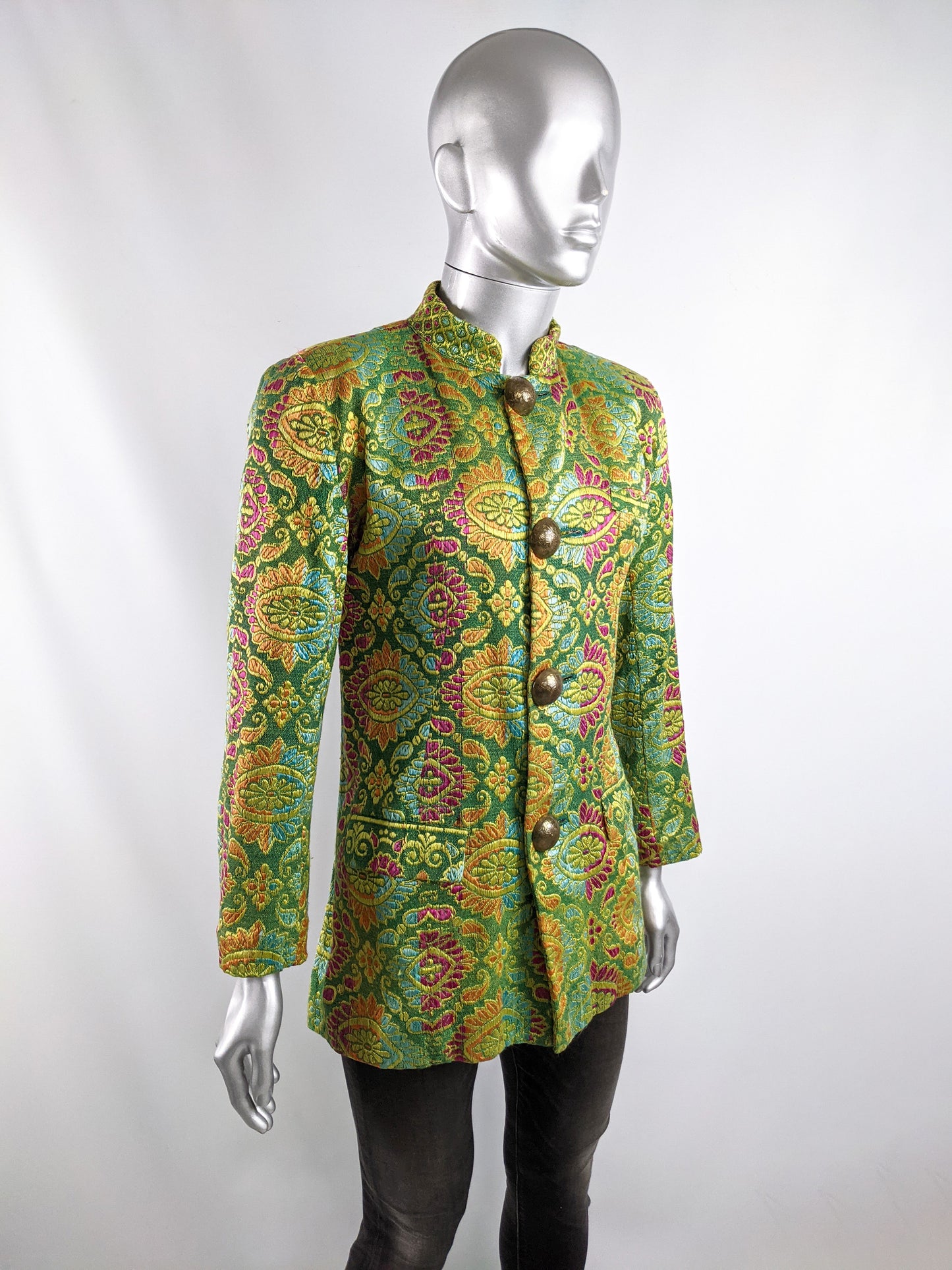 Vintage Mens Green Satin Jacquard Nehru Collar Jacket, 1980s