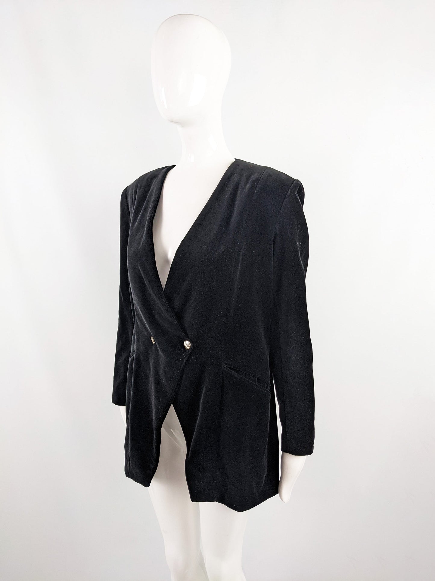 Atos Lombardini Vintage Black Velvet Shoulder Pads Jacket, 1980s