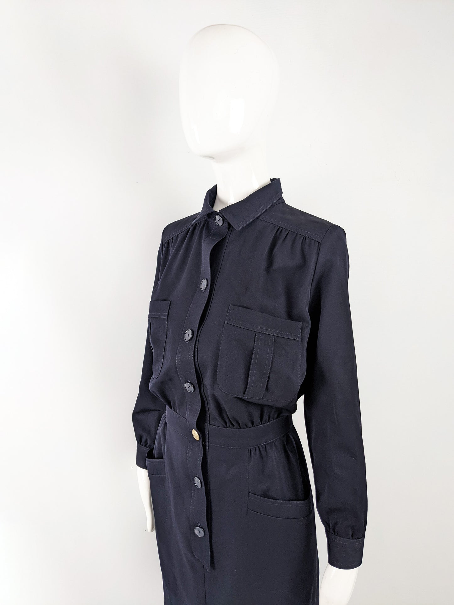 Vintage Navy Blue Blouson Wool Gabardine Dress, 1980s