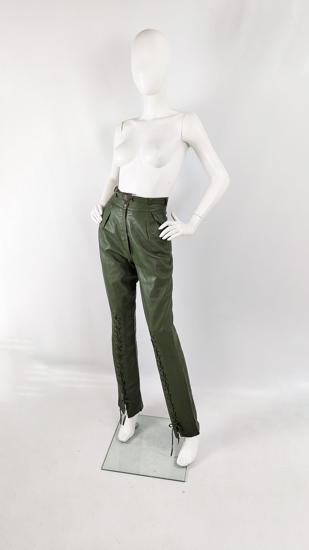 Christian Dior Vintage Green Real Leather High Waisted Trousers, 1980s