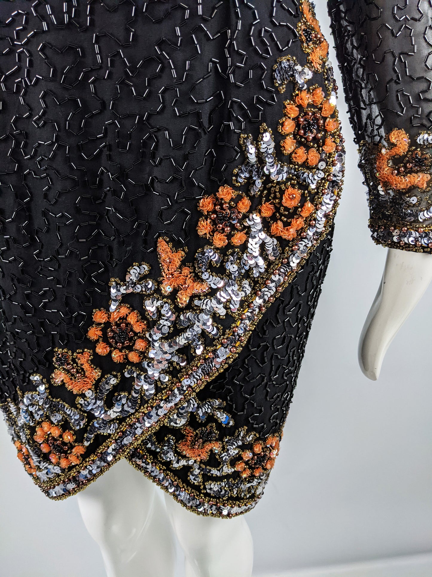 Oleg Cassini Vintage Black & Orange Beaded Sequin Dress, 1980s