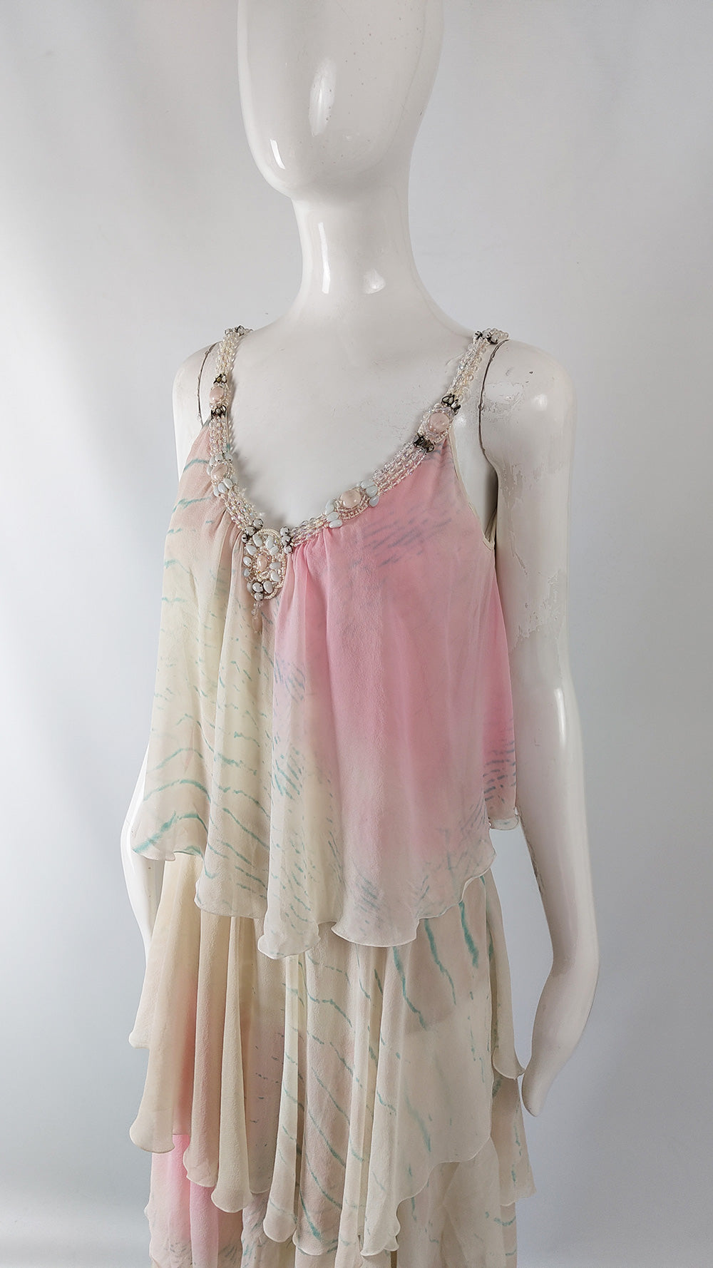 Iceberg Vintage Silk Chiffon Cream Tiered Dress, 2000s