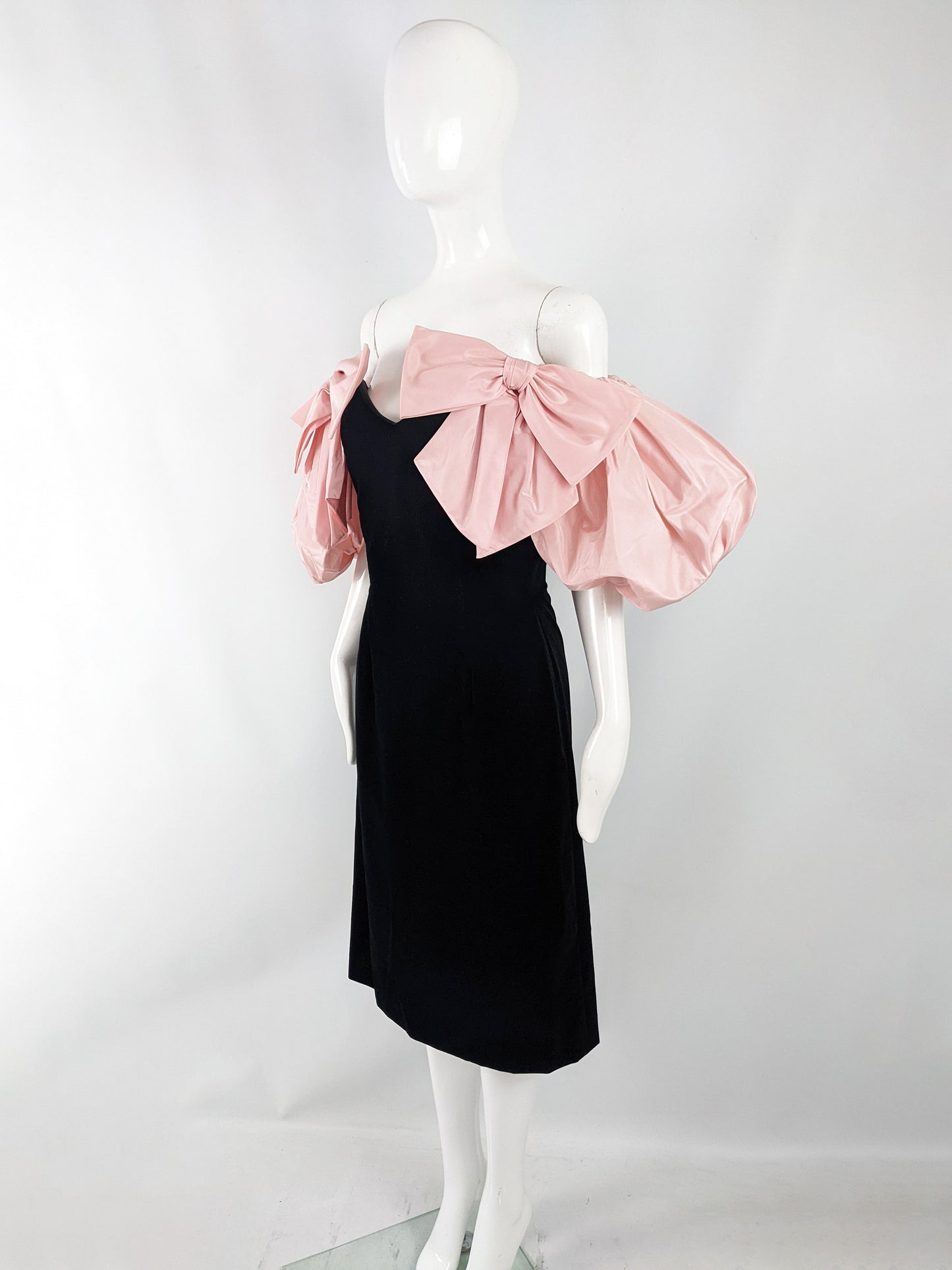 Gina Fratini Vintage Black Velvet Pink Taffeta Puff Sleeve Dress, 1980s