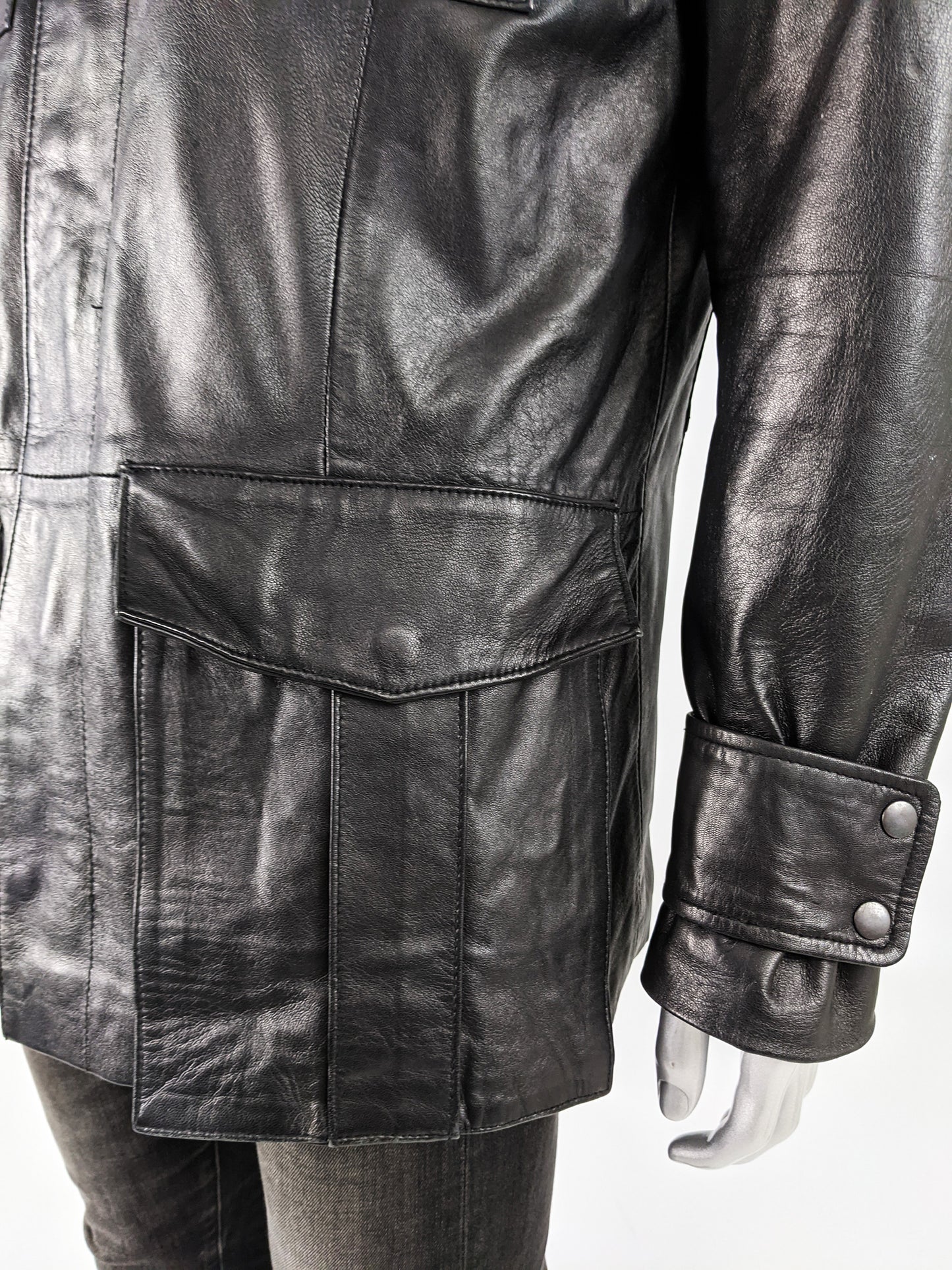 Vintage Mens Safari Style Black Leather Half Norfolk Jacket, 1990s