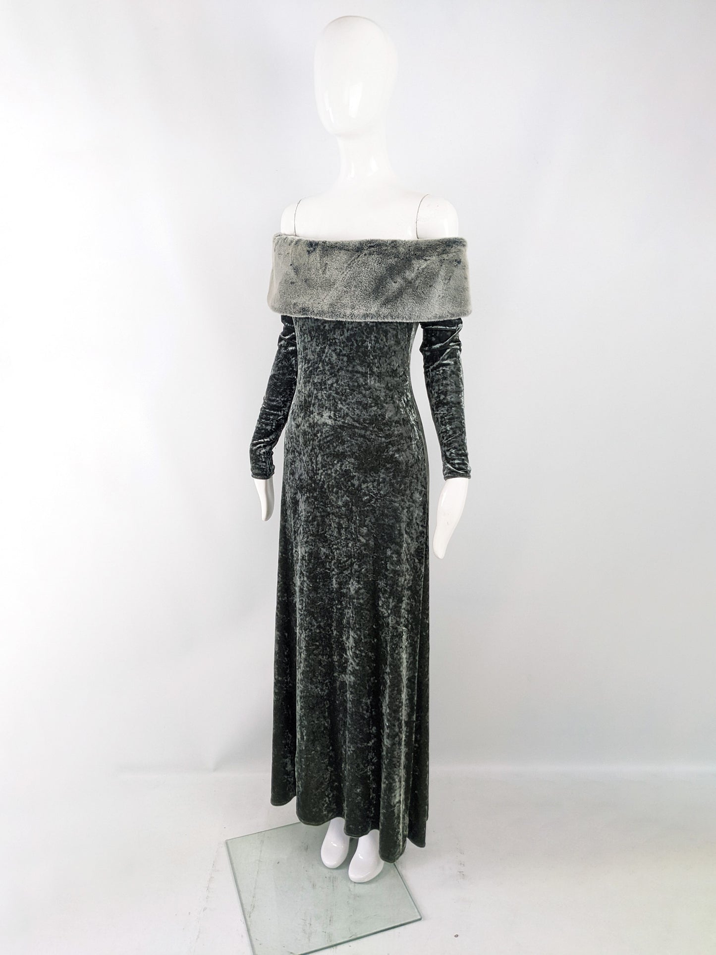 Harrods Vintage Crushed Velour & Faux Fur Evening Gown, 1980s
