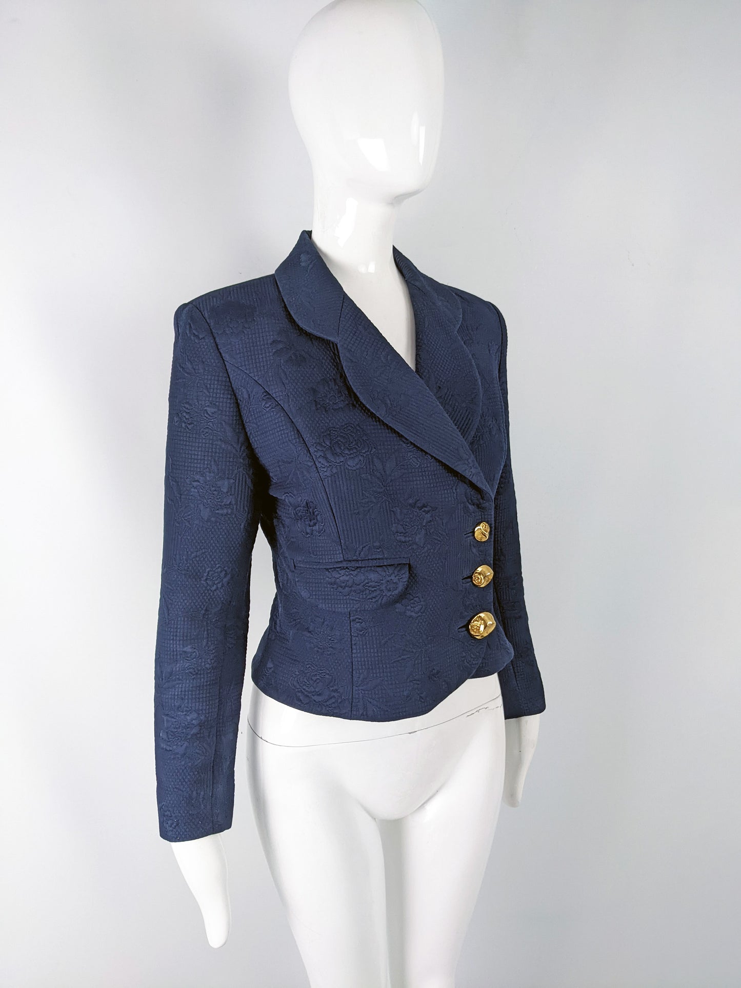 Grés Vintage Womens Navy Quilted Cotton Tailored Jacket, 1980s