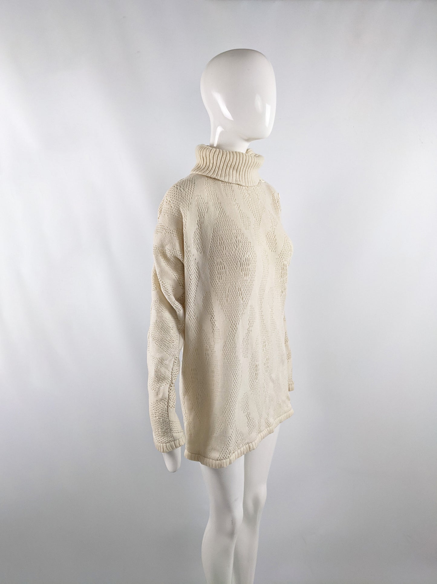 Bernard Perris Vintage Cream Textured Knit Split Polo Neck Jumper, 1980s