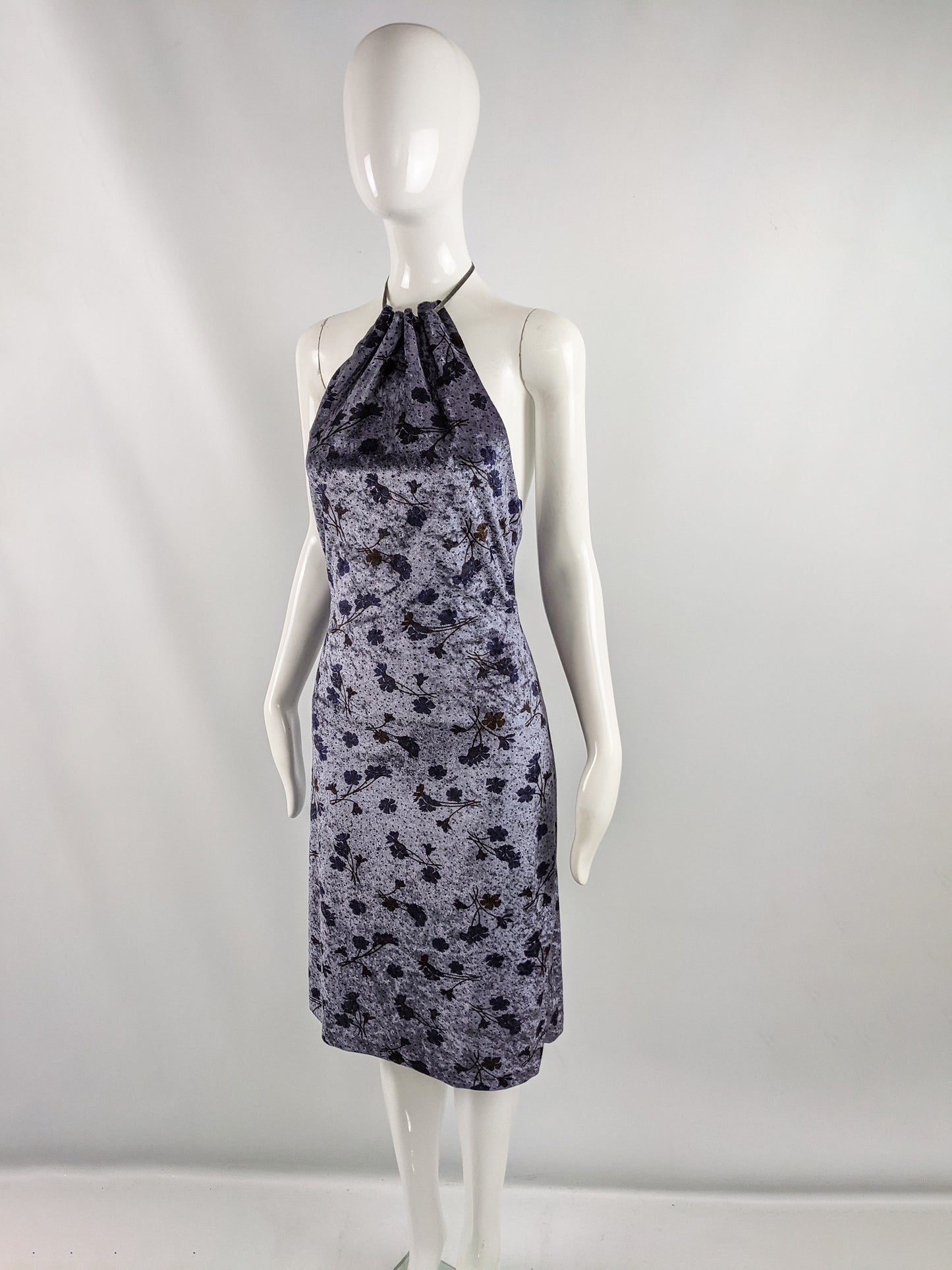 Vintage Floral Velvet Backless Halter Dress, 2000s