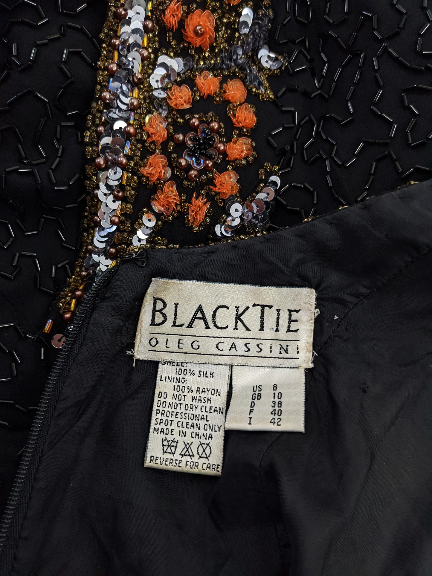 Oleg Cassini Vintage Black & Orange Beaded Sequin Dress, 1980s