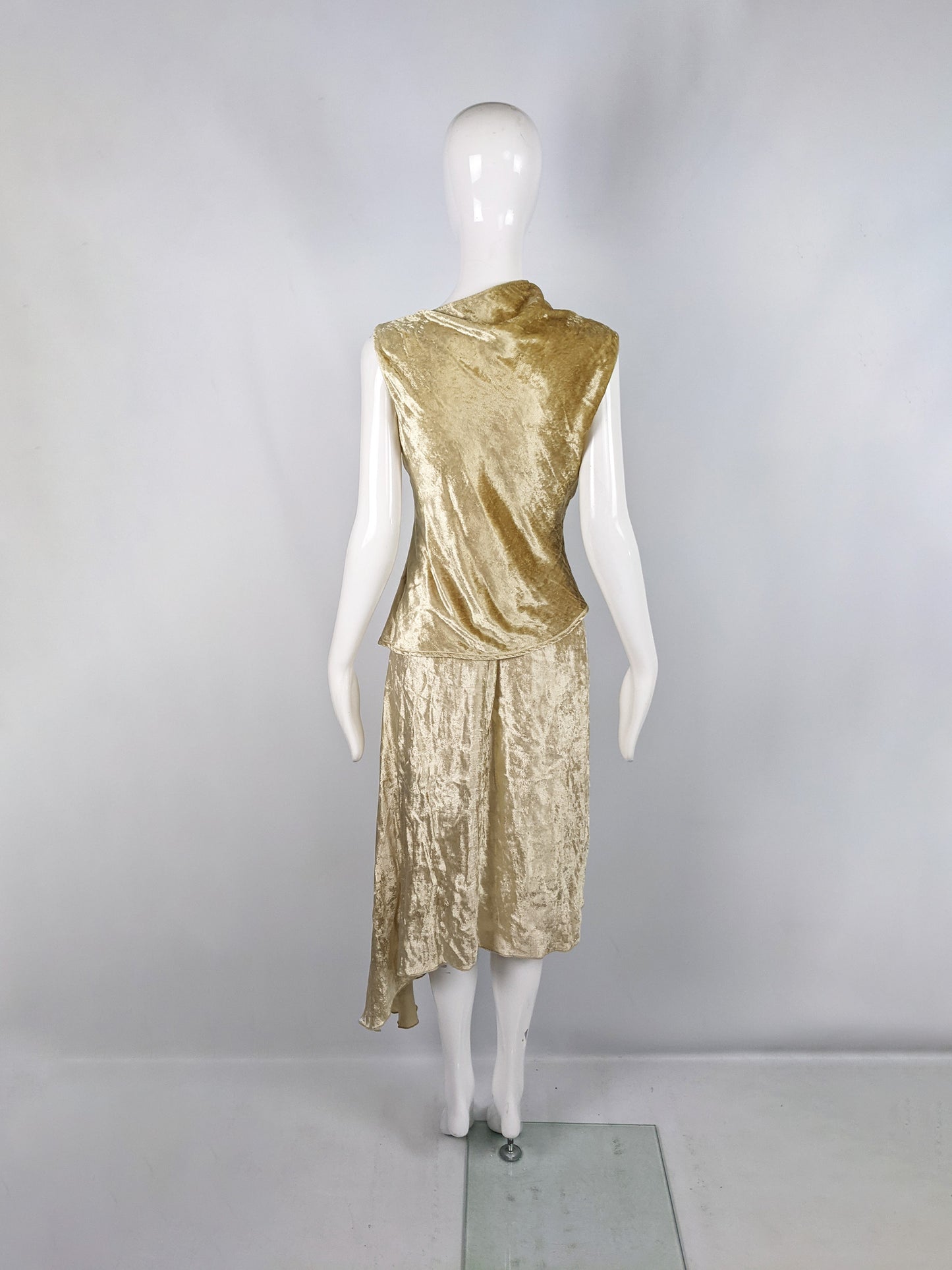 Vintage Gold Velvet Two Piece Asymmetric Top & Skirt Set, 1990s