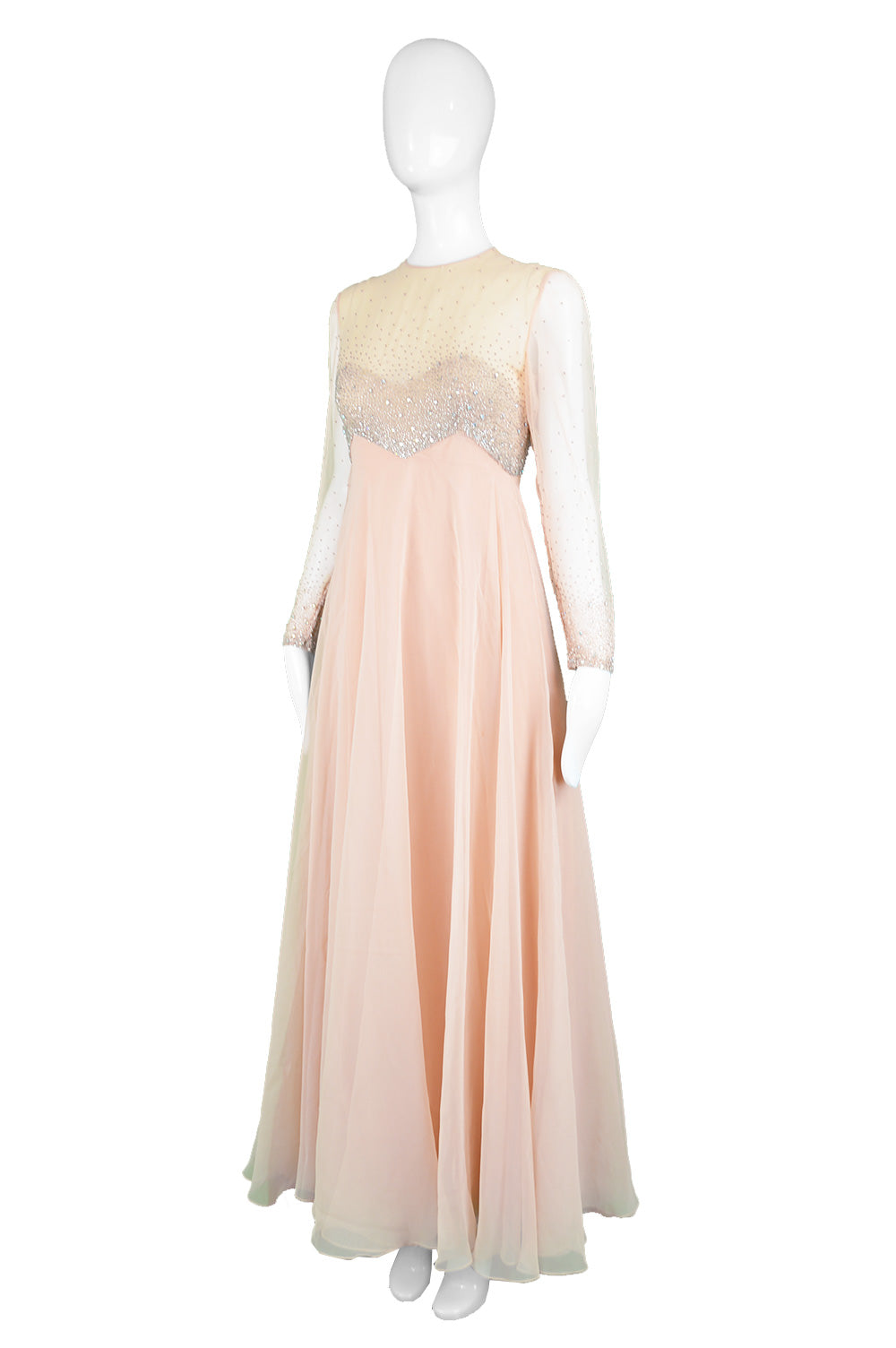 Peach Vintage Chiffon Beaded Evening Gown, 1960s
