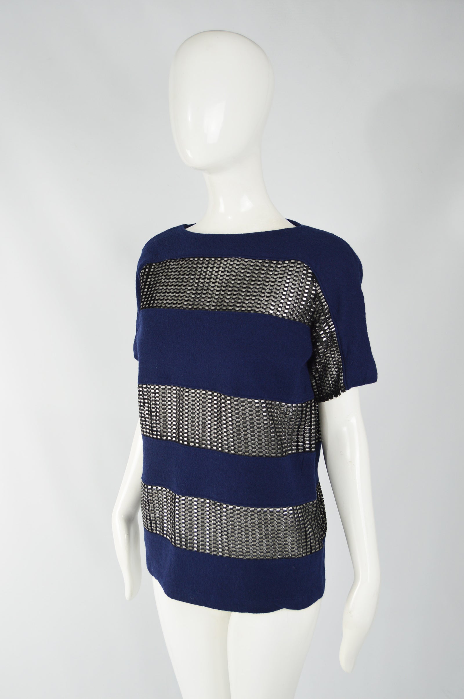 Paco Rabanne Archival Womens Blue Wool & Silver Mesh Shirt, 2000s