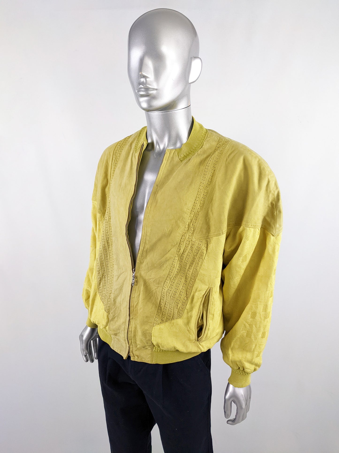 Richard Gelding Mens Vintage Yellow Suede & Silk Bomber Jacket, 1980s
