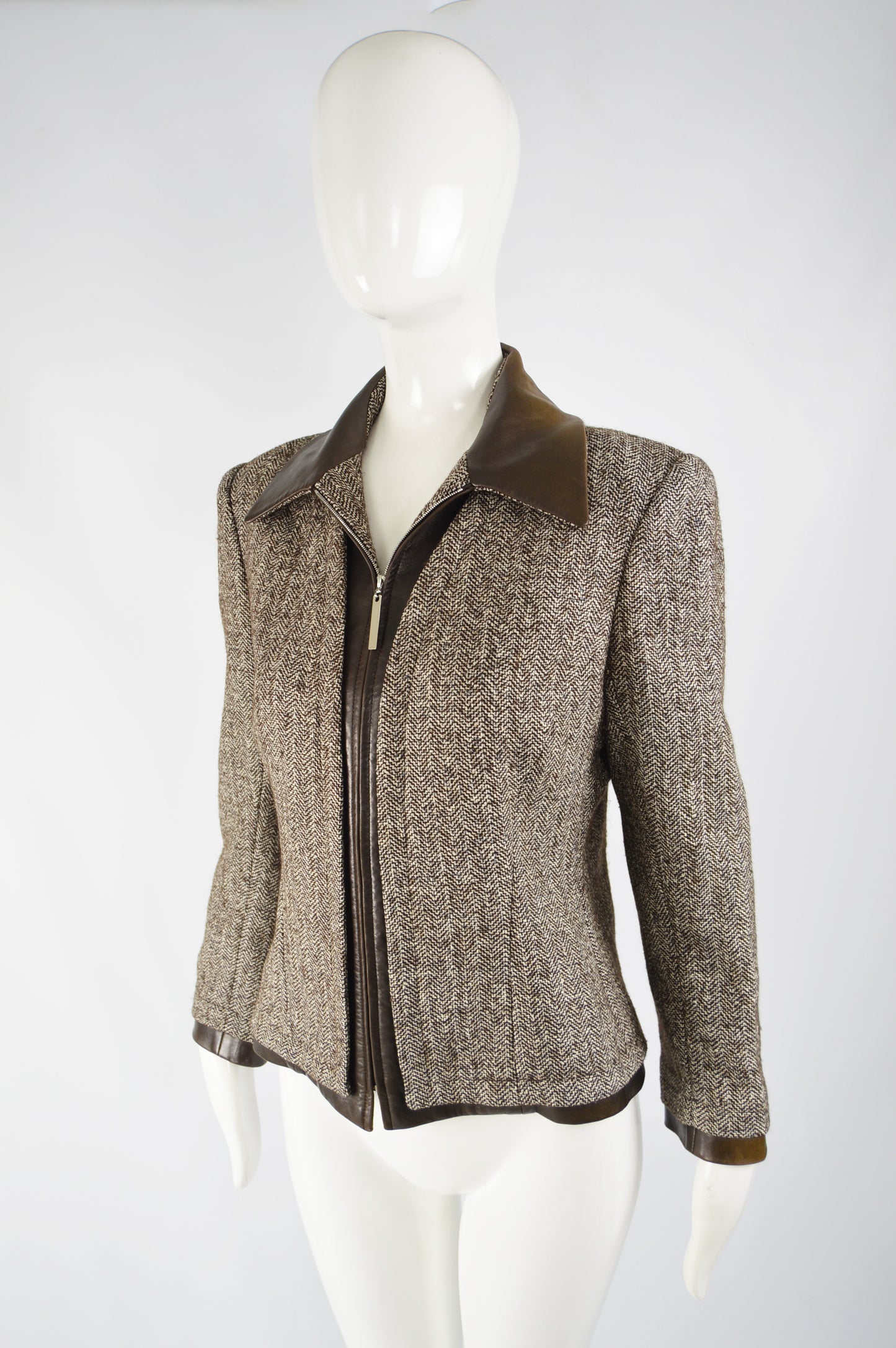 Womens Brown Leather & Silk Tweed Jacket, 1990s
