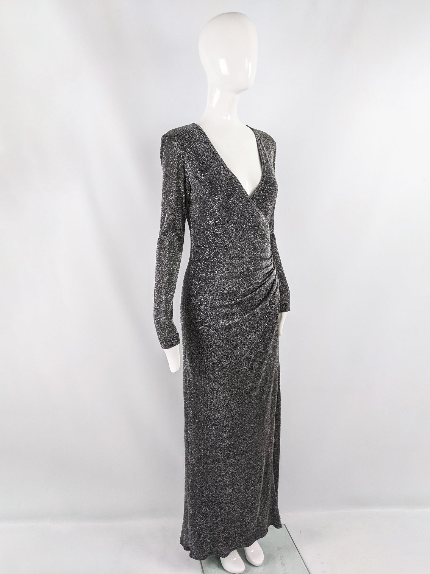 Vintage Silver Lurex Plunging Neckline Evening Gown, 1990s