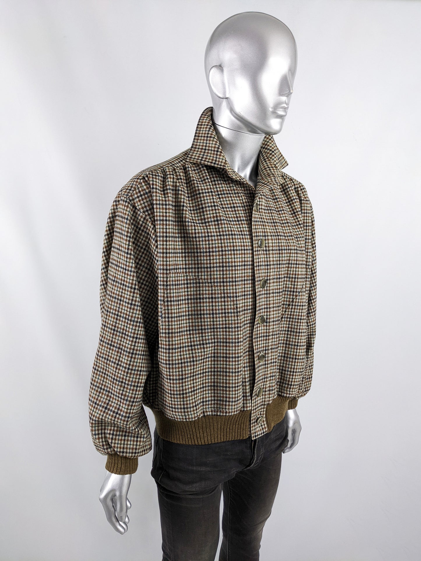 Mens Vintage Wool Houndstooth Collared Blouson Jacket, 1970s