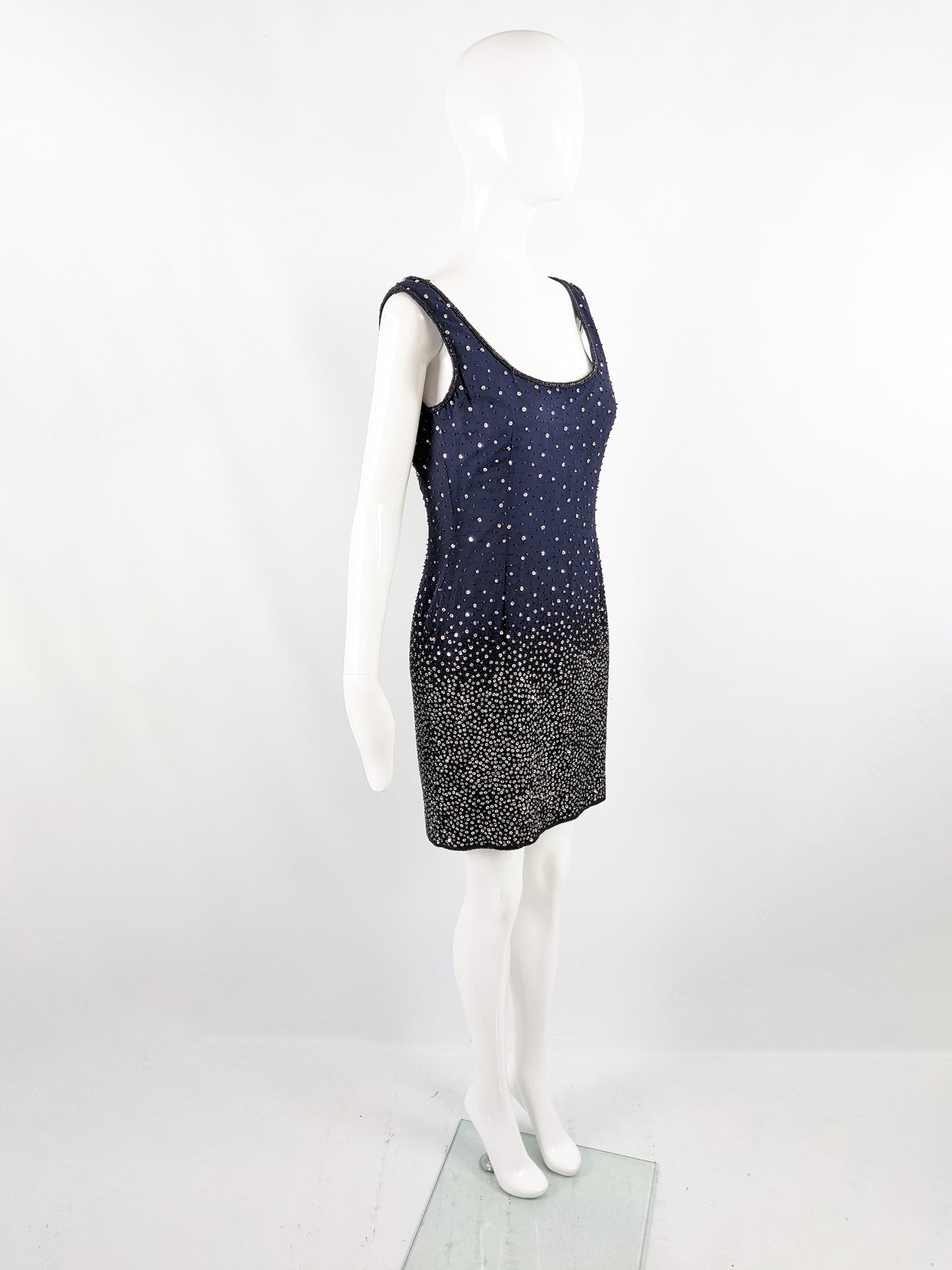 Escada Couture Vintage Blue Beaded Silk Party Dress, 1990s