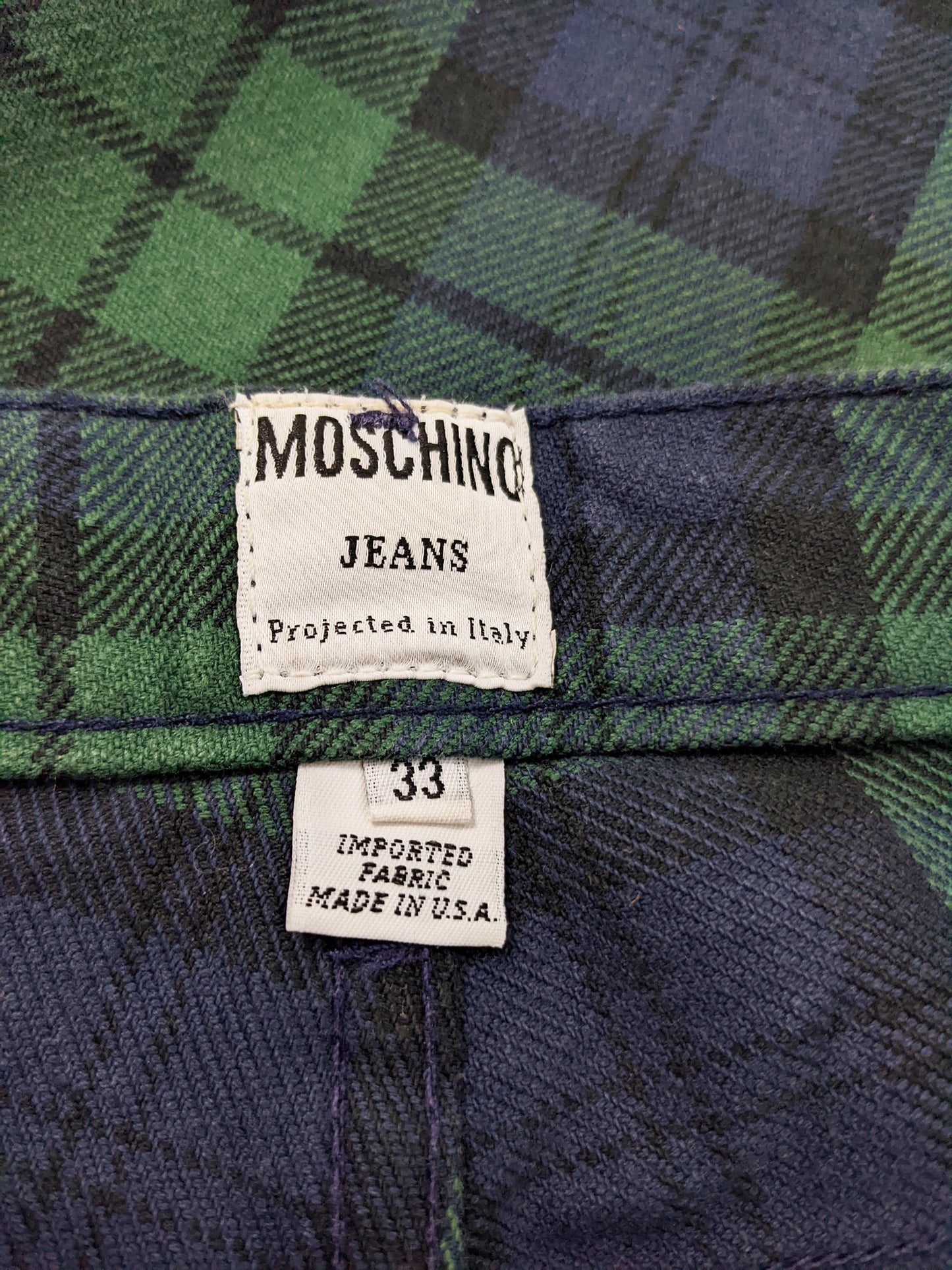 Moschino Vintage Mens Blue & Green Tartan Jeans, 1980s