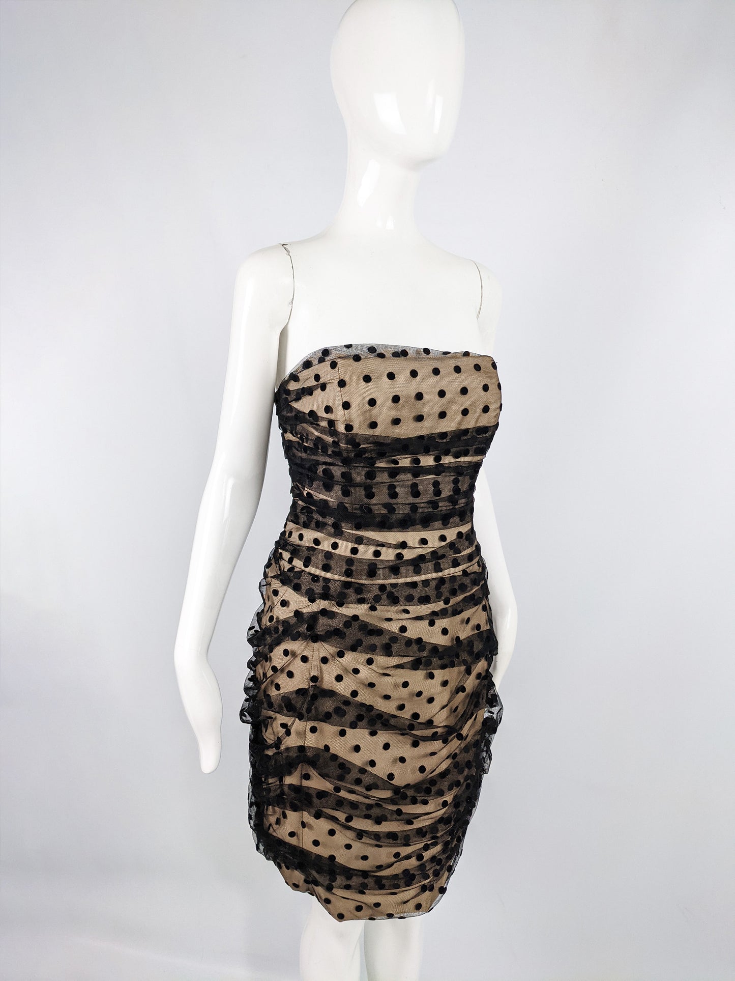 Vintage Preowned Ruched Flocked Tulle Strapless Party Dress, 2000s