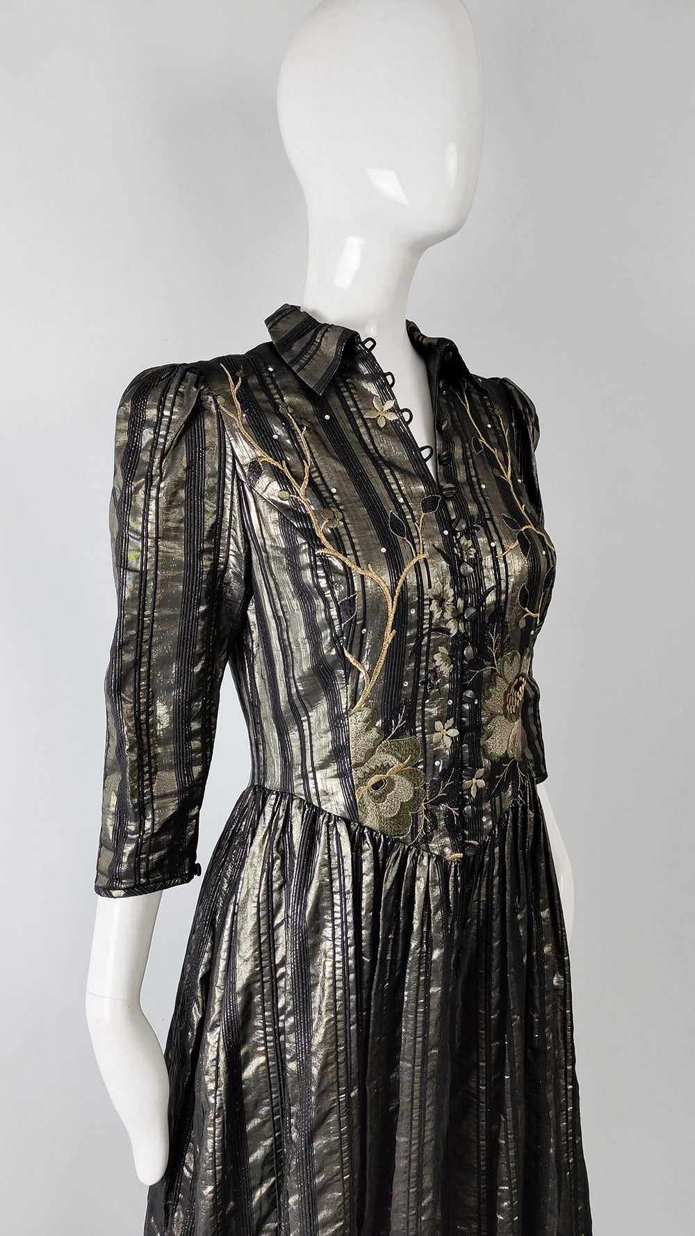 Caroline Charles Vintage Dark Gold Beaded Evening Dress, 1980s