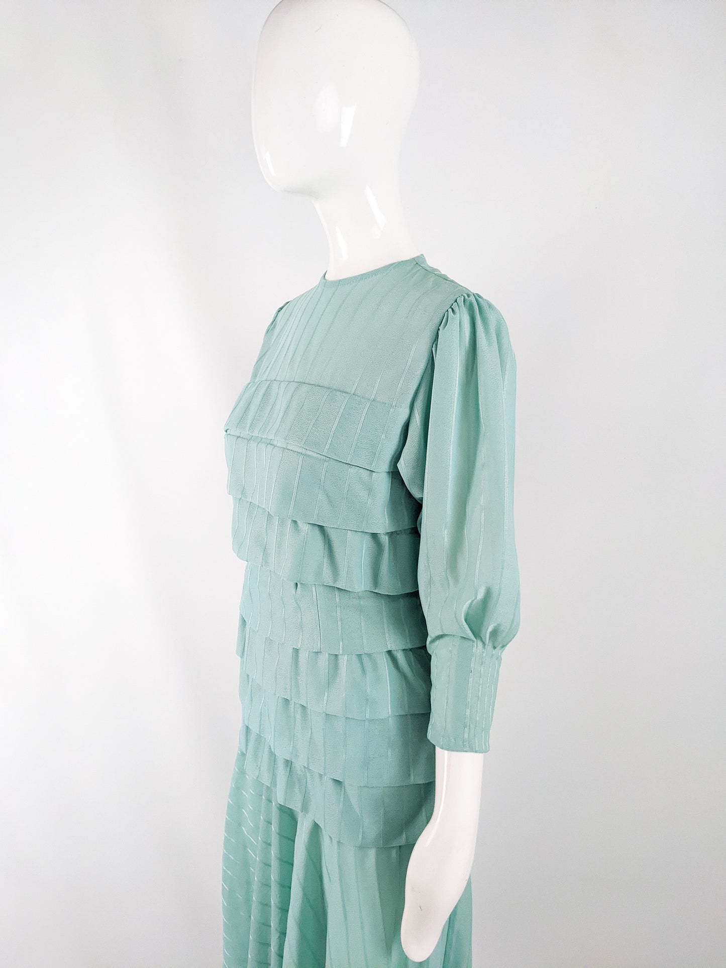Vintage Mint Tiered Puff Sleeve Dress, 1970s