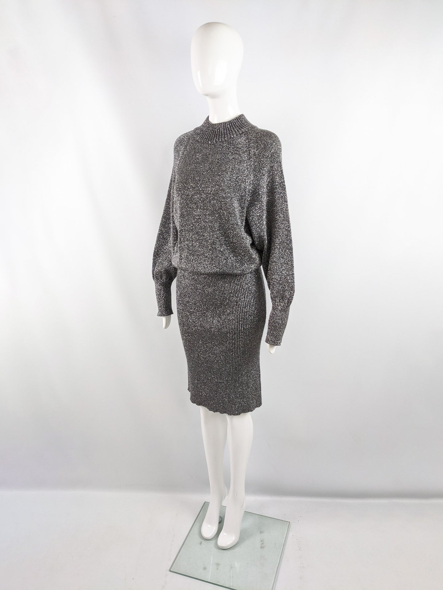 Vintage Ribbed Silver Knit Blouson Dress, 1980s