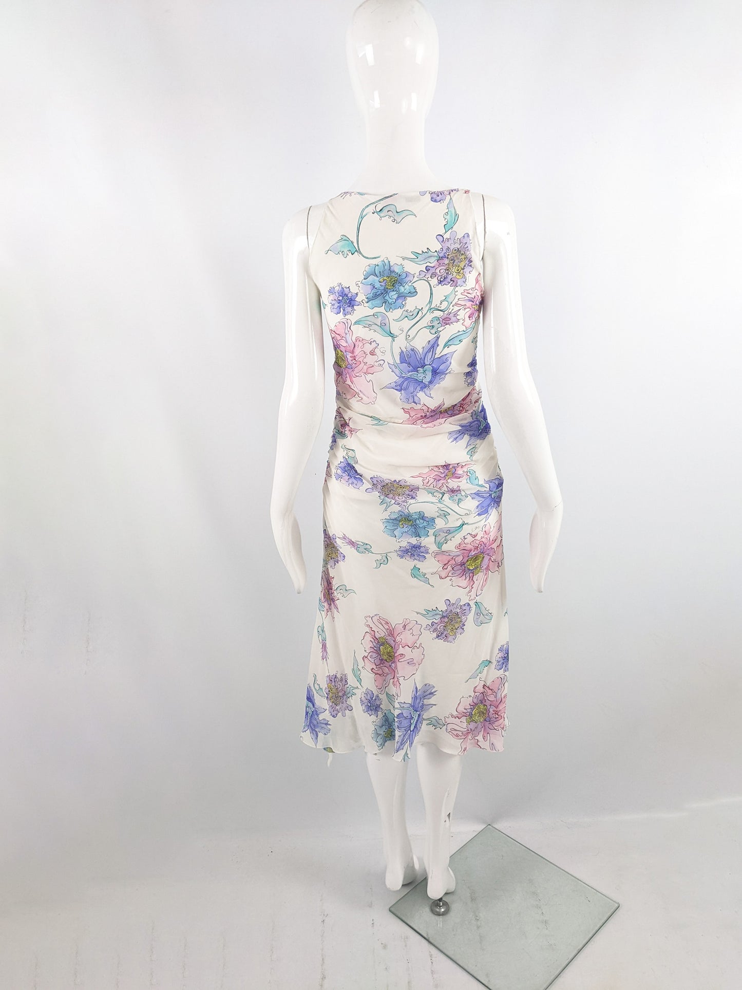 Emanuel Ungaro Vintage Off White Silk Floral Print Dress, 2000s