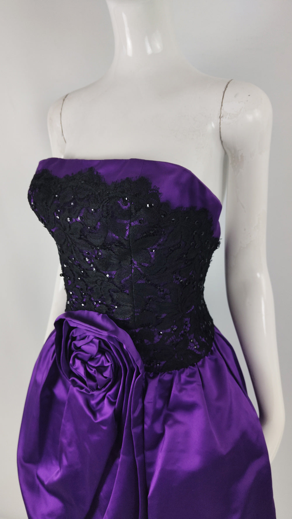 Murray Arbeid Vintage Purple Satin & Black Lace Evening Dress, 1980s