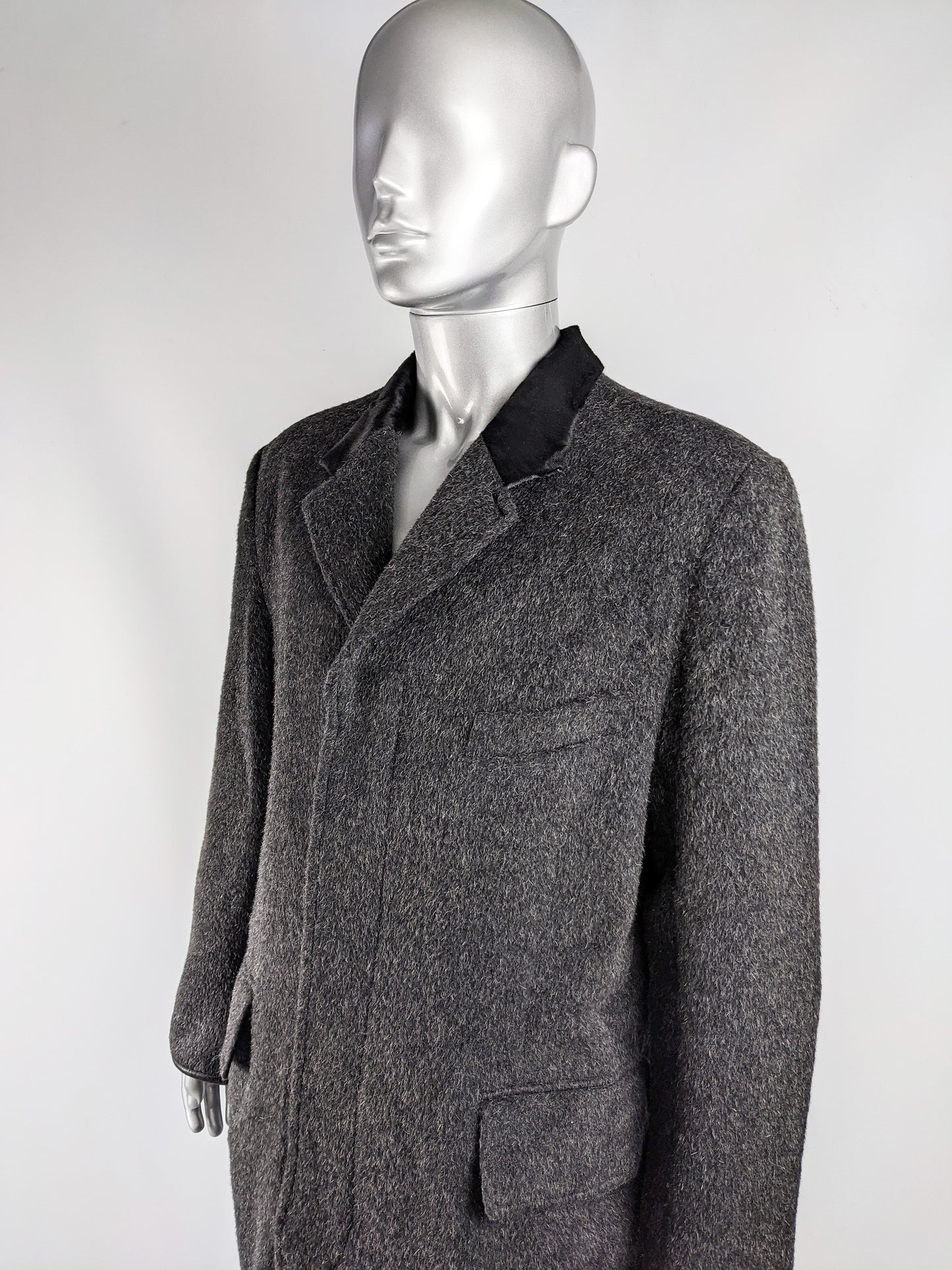 Mens Vintage Grey Wool & Ponyskin Chesterfield Coat, 1990s