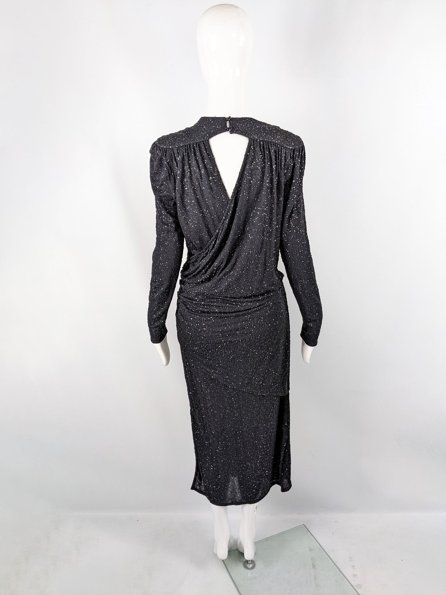 Frank Usher Vintage Black Sequin Glitter Effect Evening Dress, 1980s