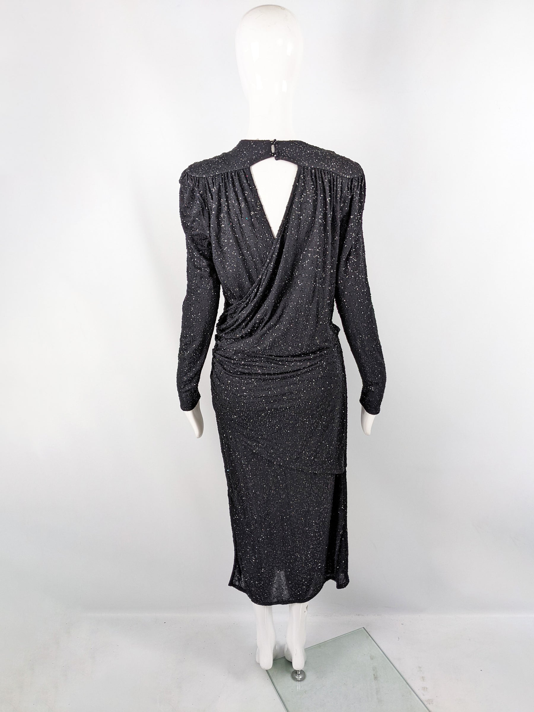 Frank Usher Vintage Black Sequin Glitter Effect Evening Dress, 1980s