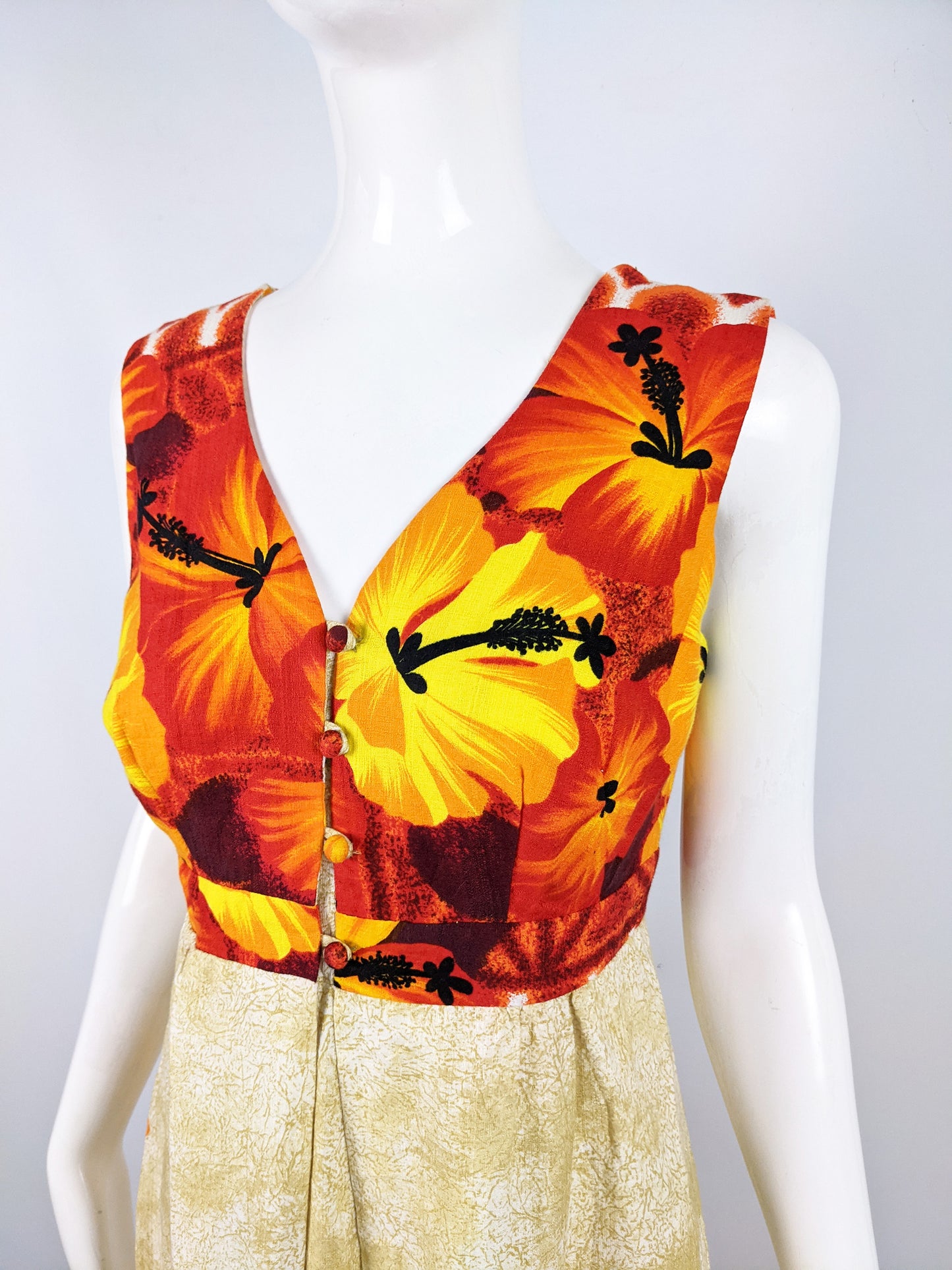 Island Casuals Vintage Sleeveless Orange Hawaiian Maxi Dress, 1960s