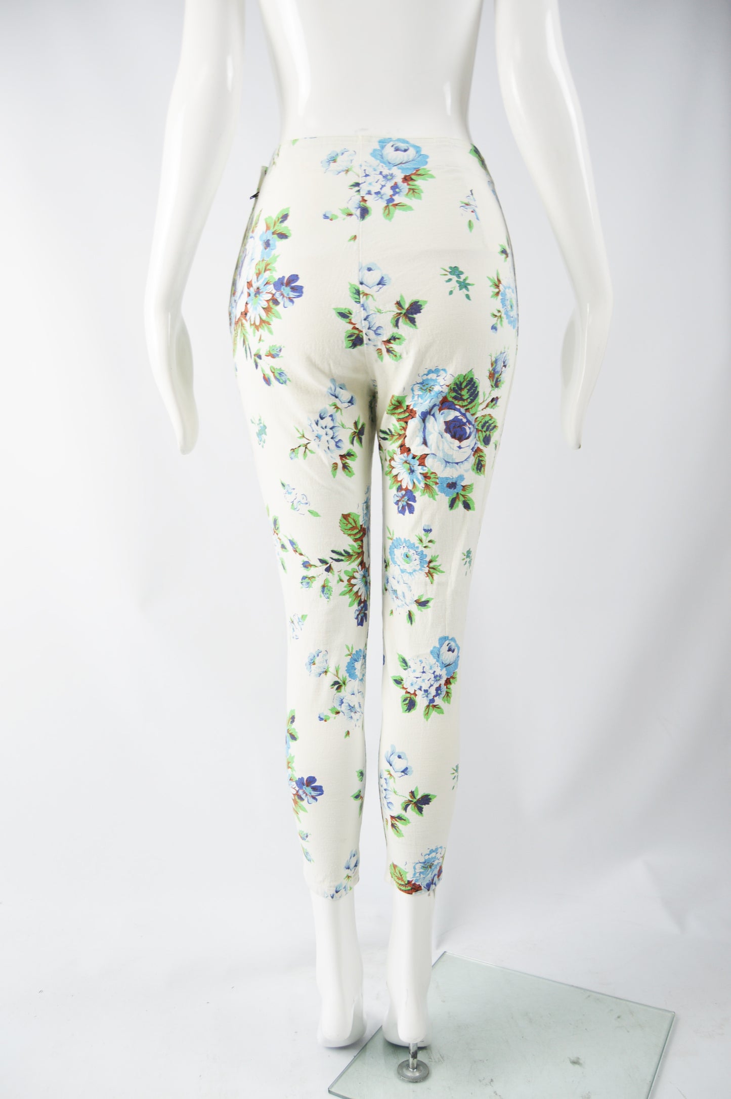 Vintage Womens White Floral Print Crop Skinny Jeans, 1990s