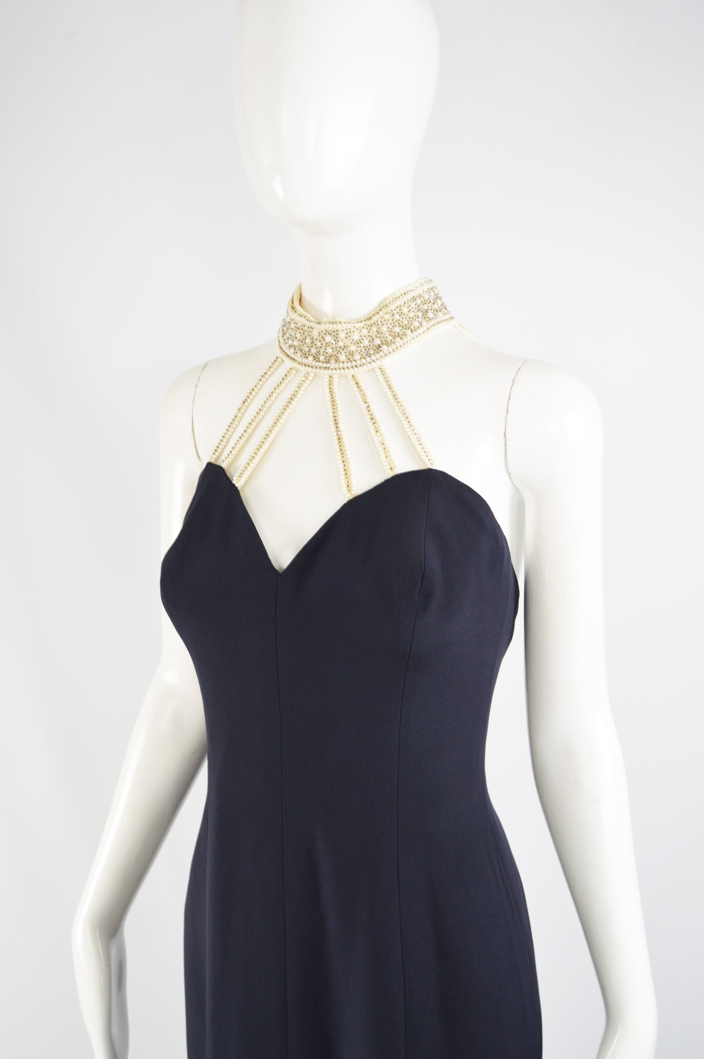 Vintage Pearl Beaded Navy Formal Evening Gown, 1980s