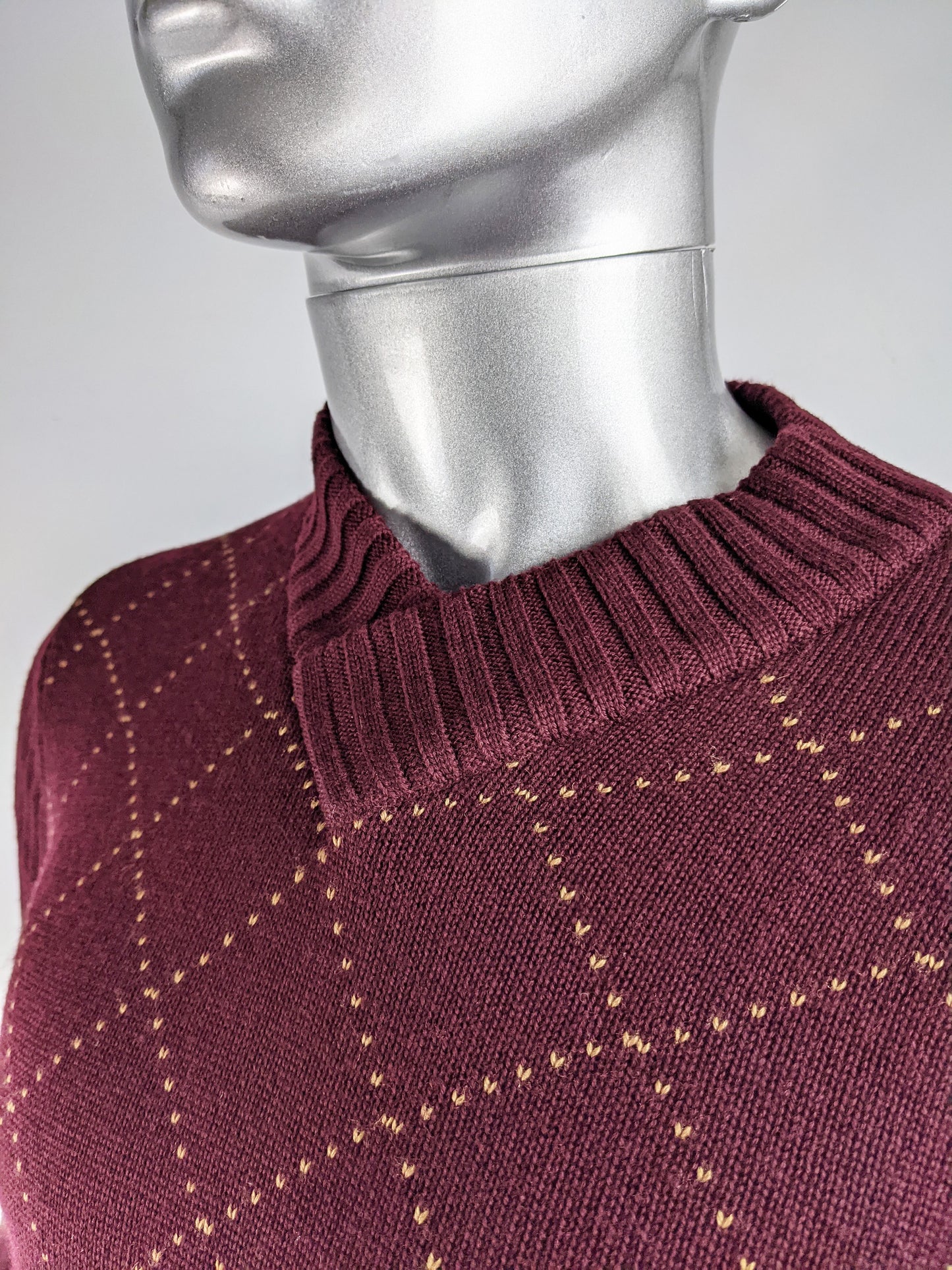 Mens Vintage Burgundy Red Diamond Jumper, 1990s