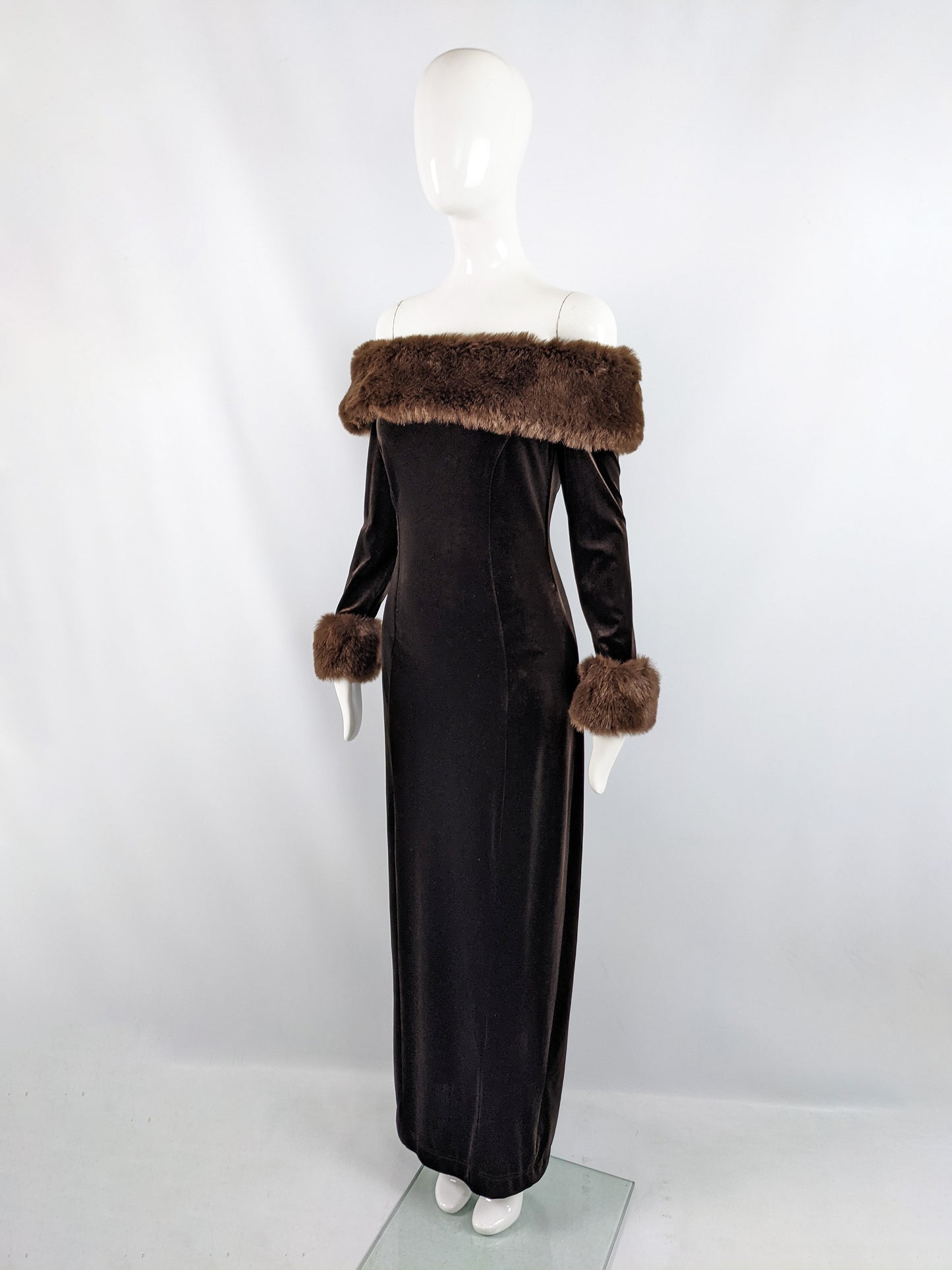 Vintage Brown Velour & Faux Fur Evening Gown, 1990s