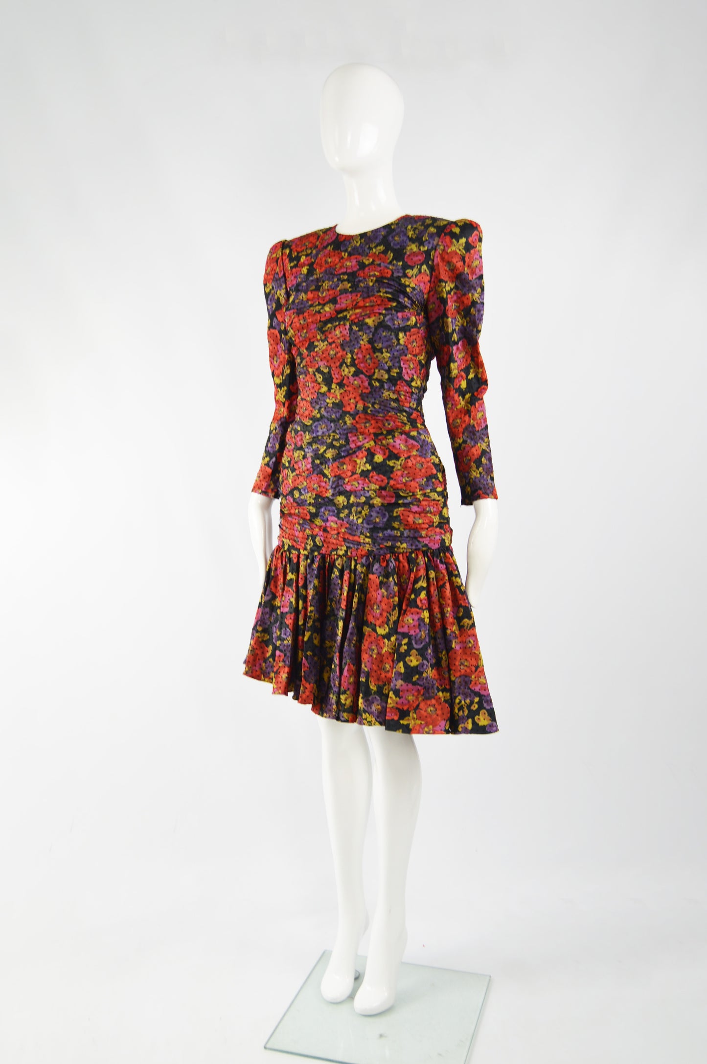 Vintage Ruched Silk Floral Evening Dress, 1980s