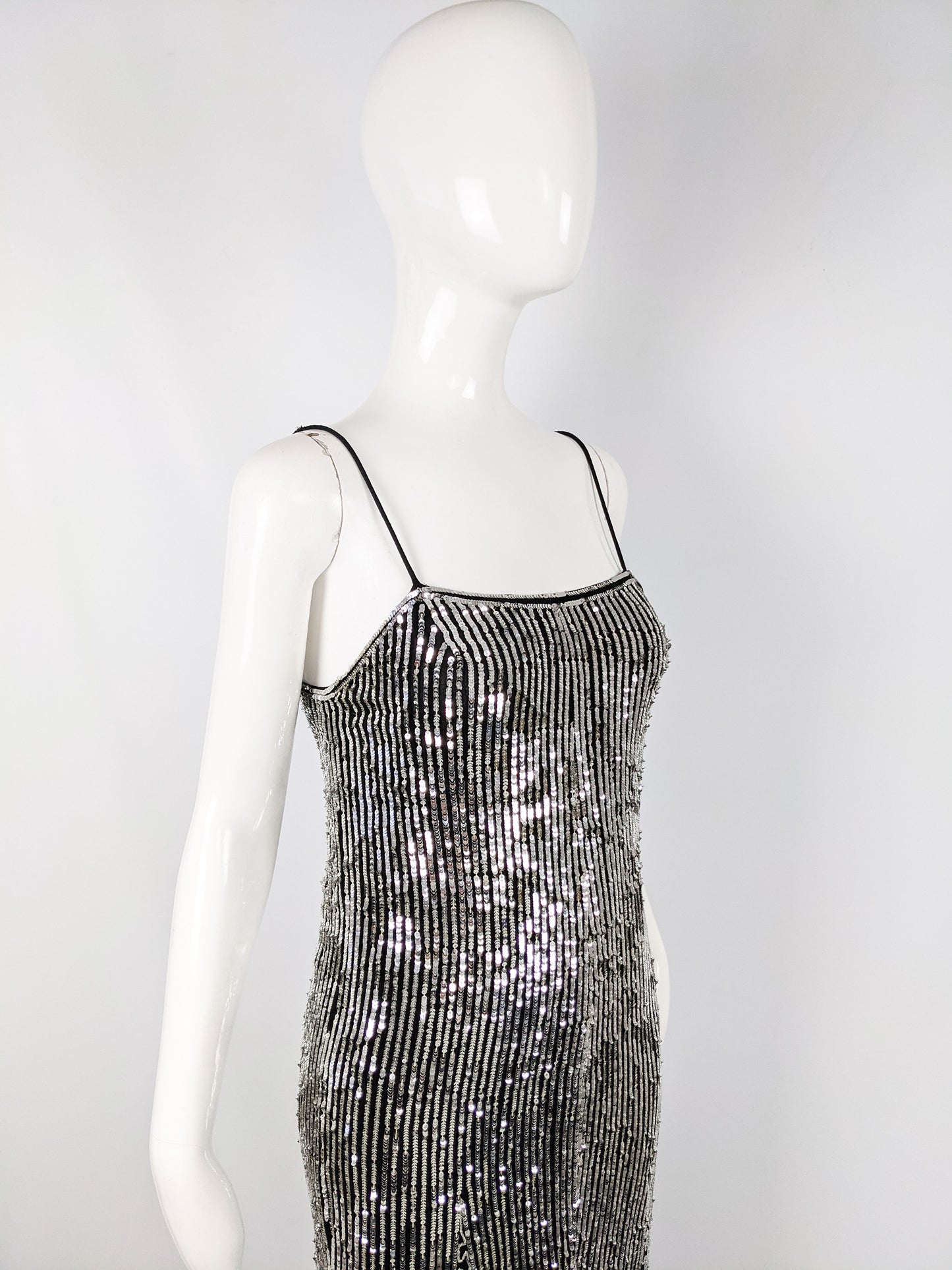 Vintage Black Silk & Silver Sequin Art Deco Party Dress, 1980s
