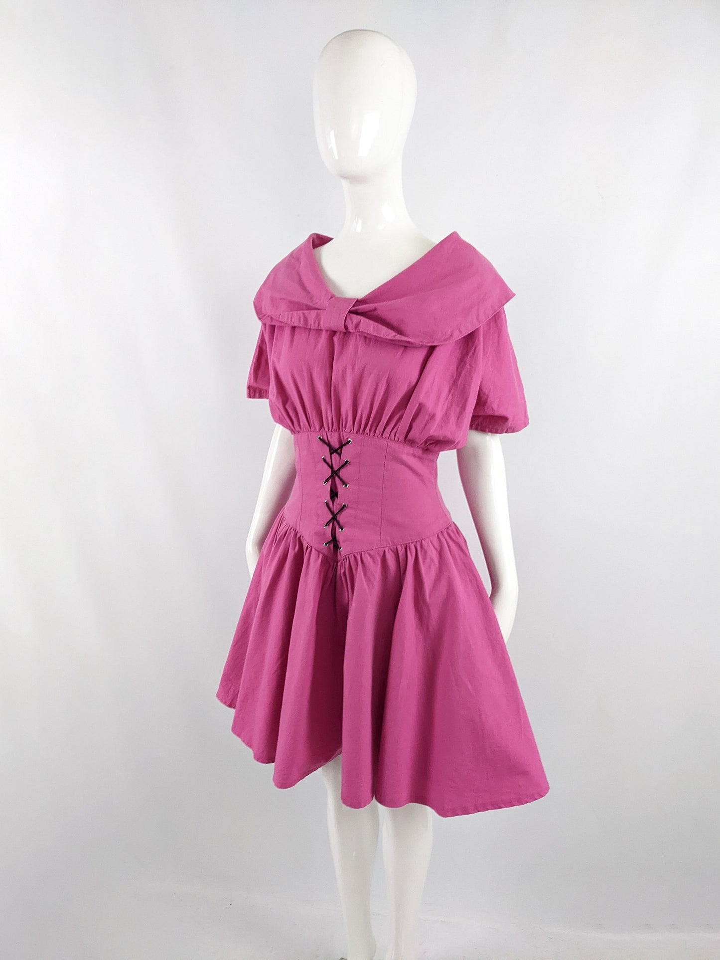 Vintage Pink Cotton Cummerbund Waist Full Skirt Dress, 1980s