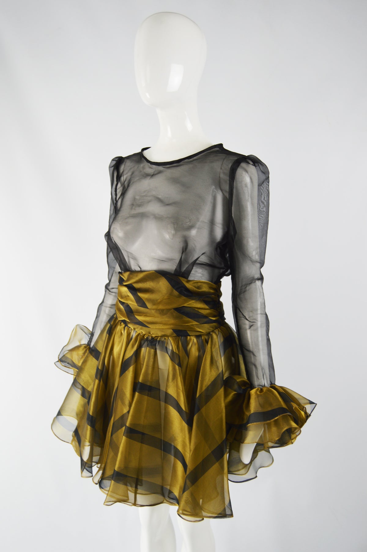 Vintage Sheer Gold & Black Ruffled Party Dress, 1980s