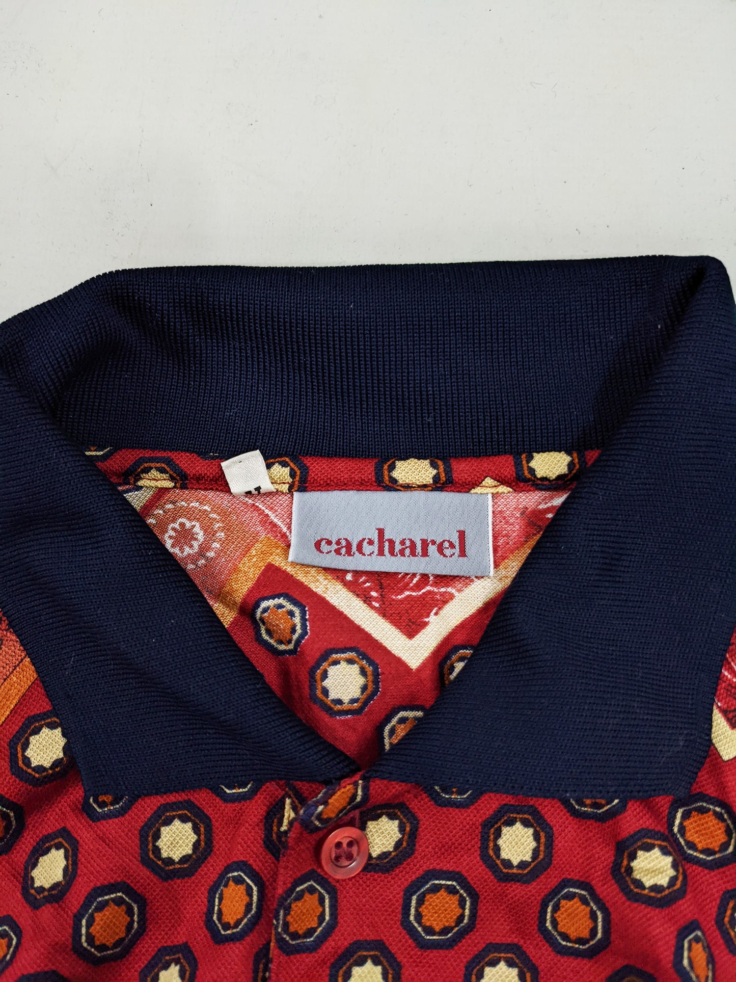 Mens Vintage Red & Navy Patterned Polo Shirt, 1980s
