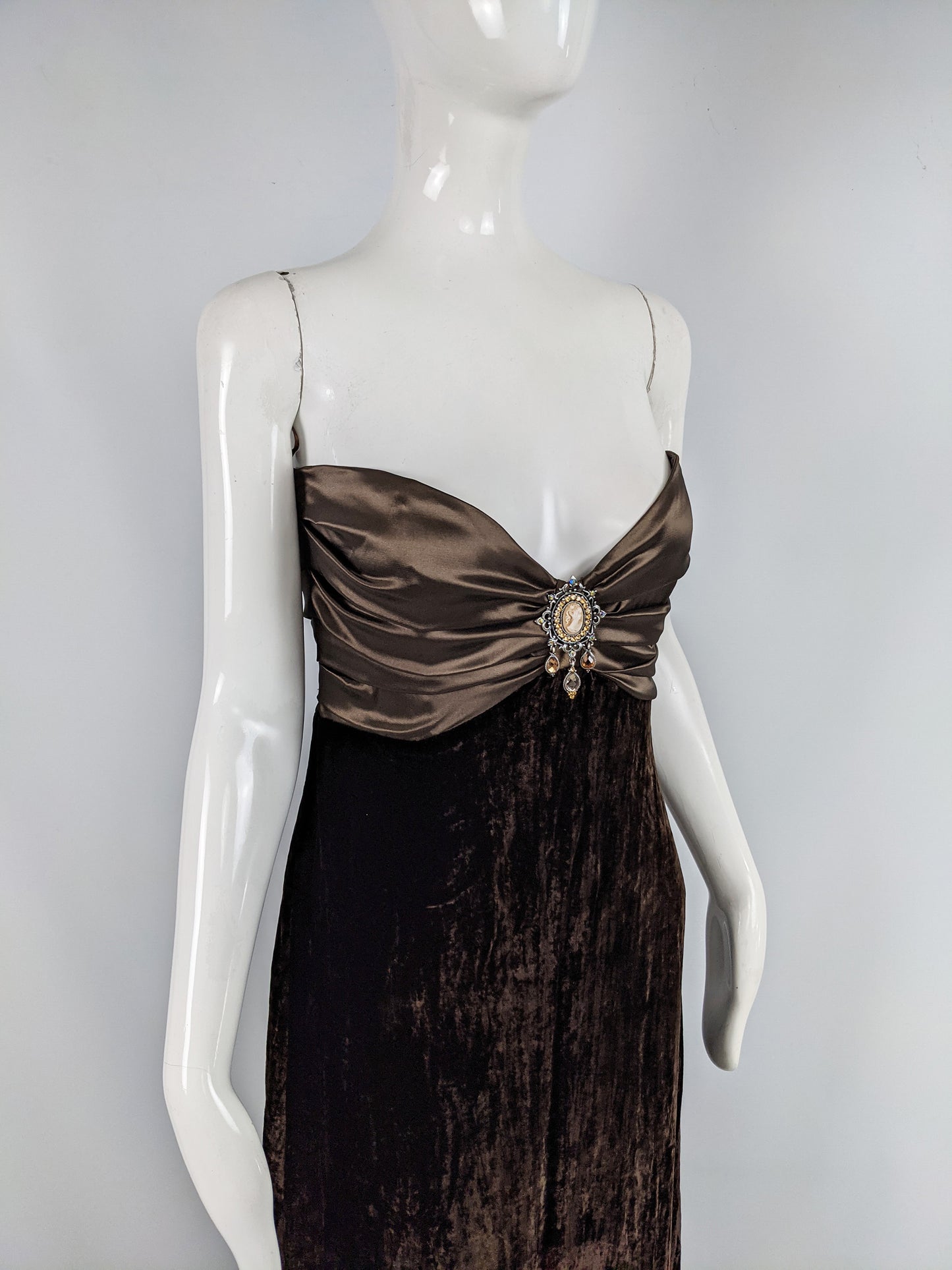 Vintage Brown Velvet & Satin Cameo Evening Dress, 1990s