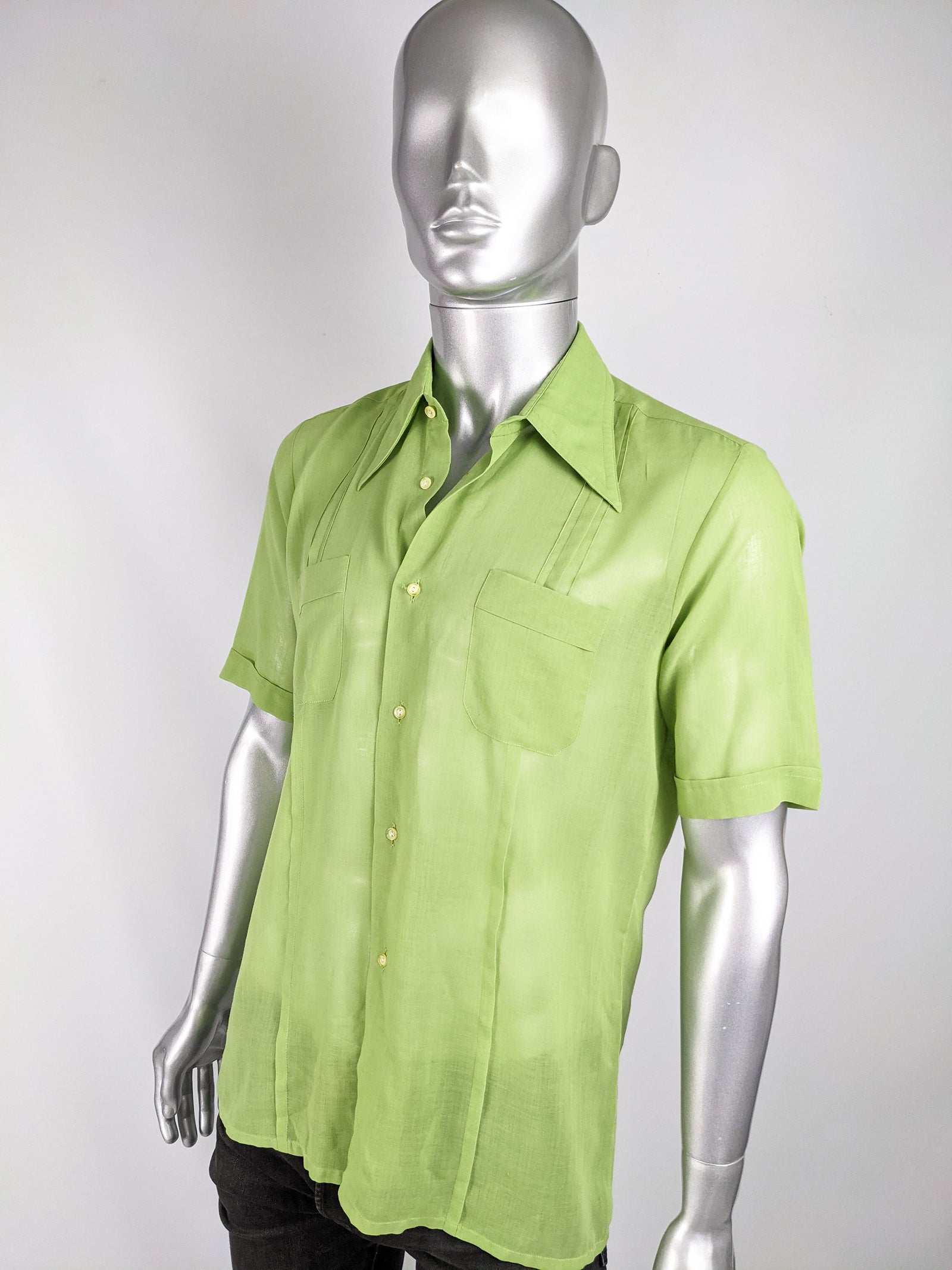 Mens Vintage Green Sheer Pleated Shirt, 1960s