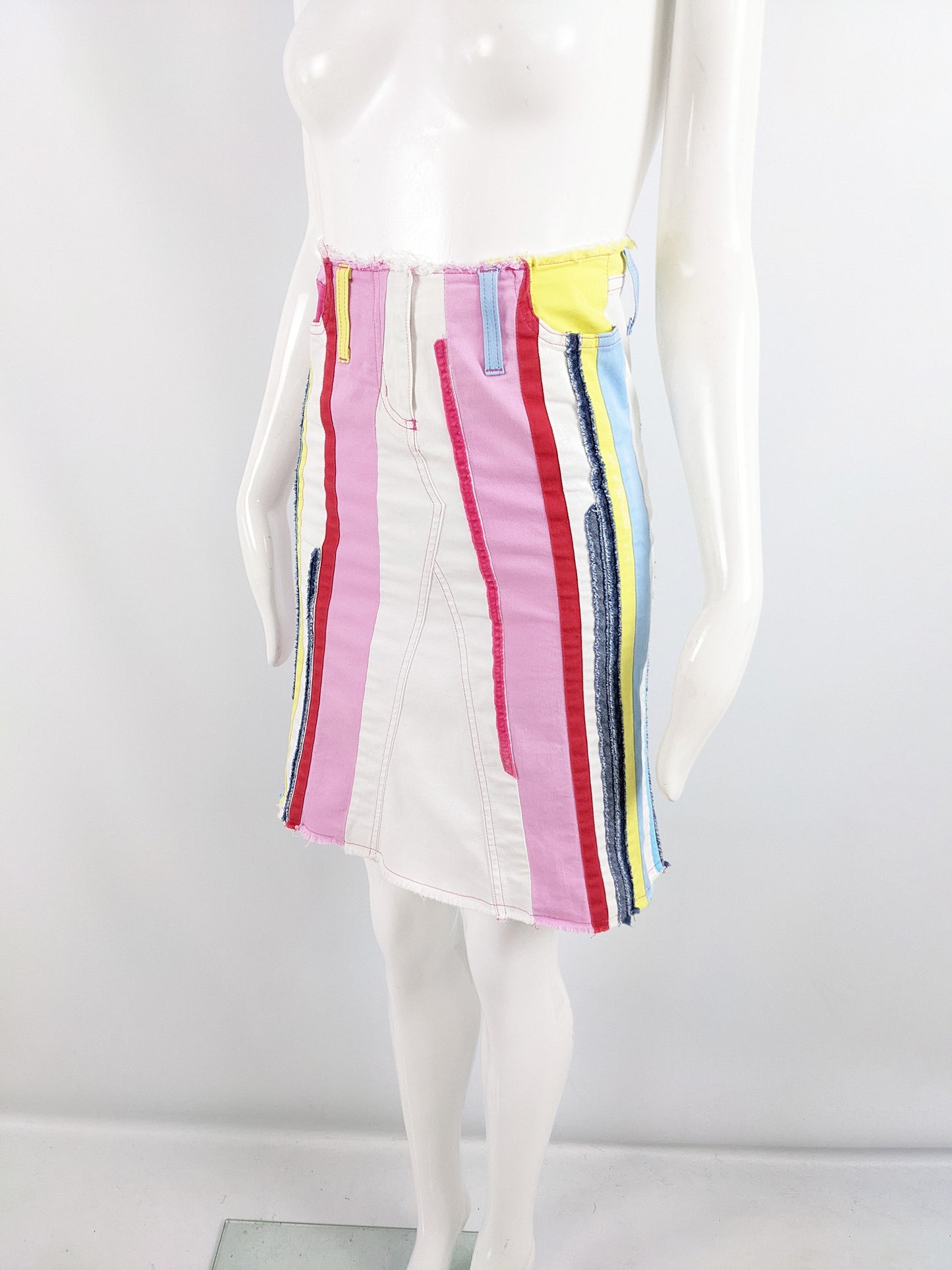 Iceberg Vintage Y2K Multicolored White Denim Patchwork Skirt, 2000s