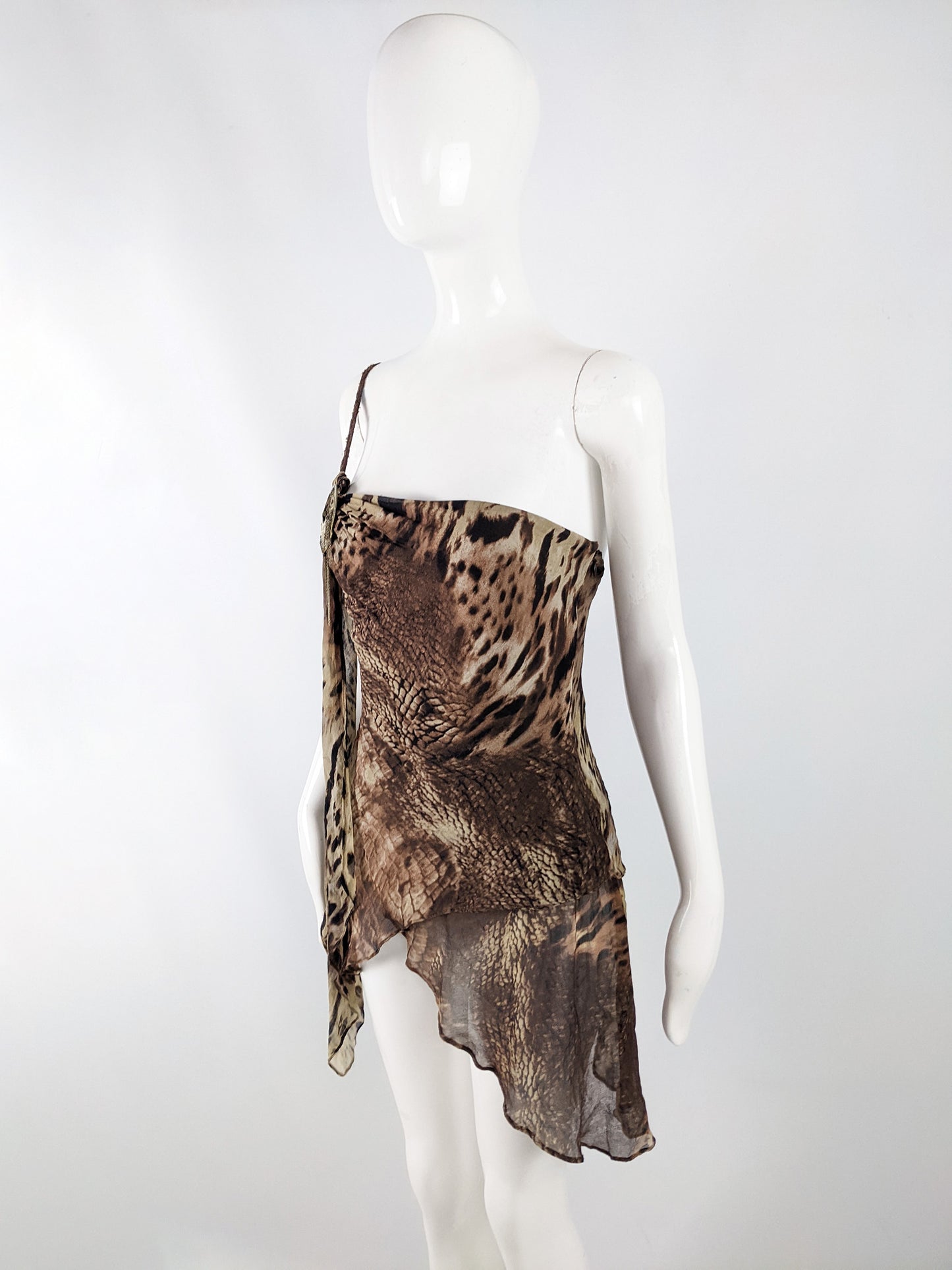 Orna Farho Vintage Brown Silk Chiffon Animal Print Top, 2000s