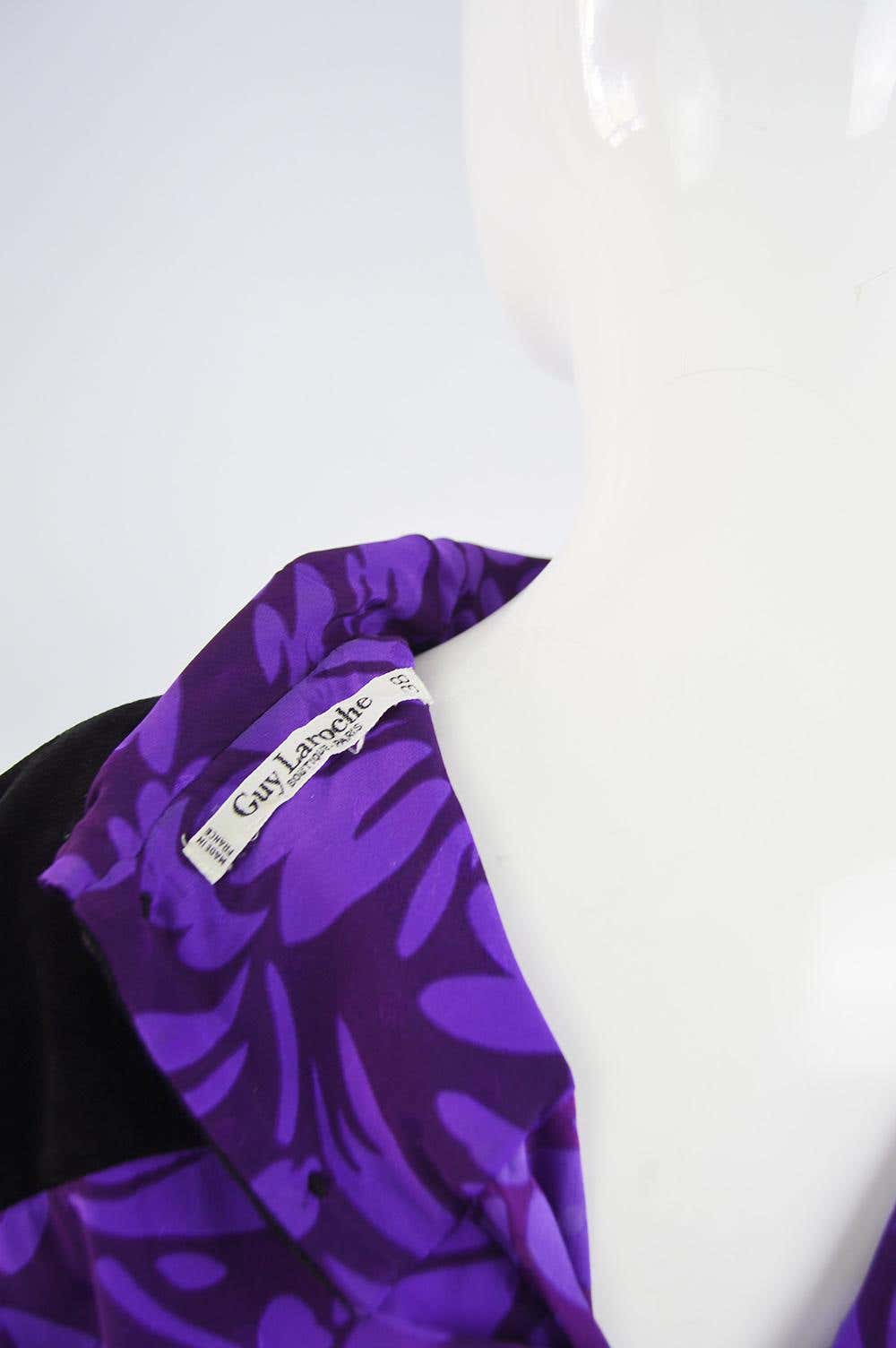 Guy Laroche Vintage Purple Jacquard & Black Velvet Dress, 1980s