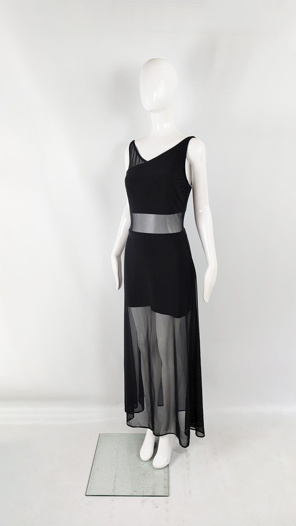 Tadashi Vintage Black Mesh Cut Out Evening Gown, 1980s