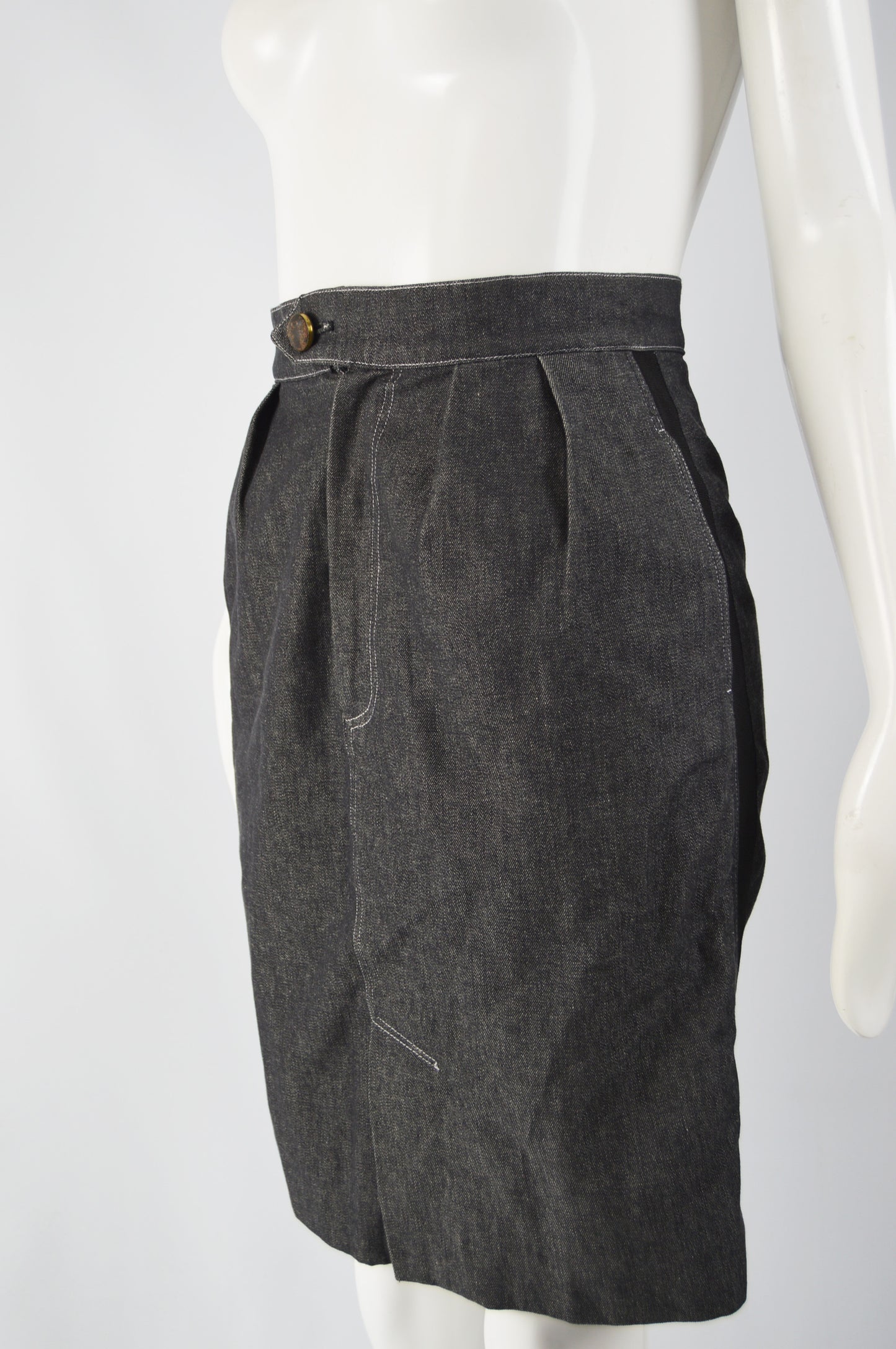 Womens Vintage Grey Denim & Grosgrain Skirt, 1980s